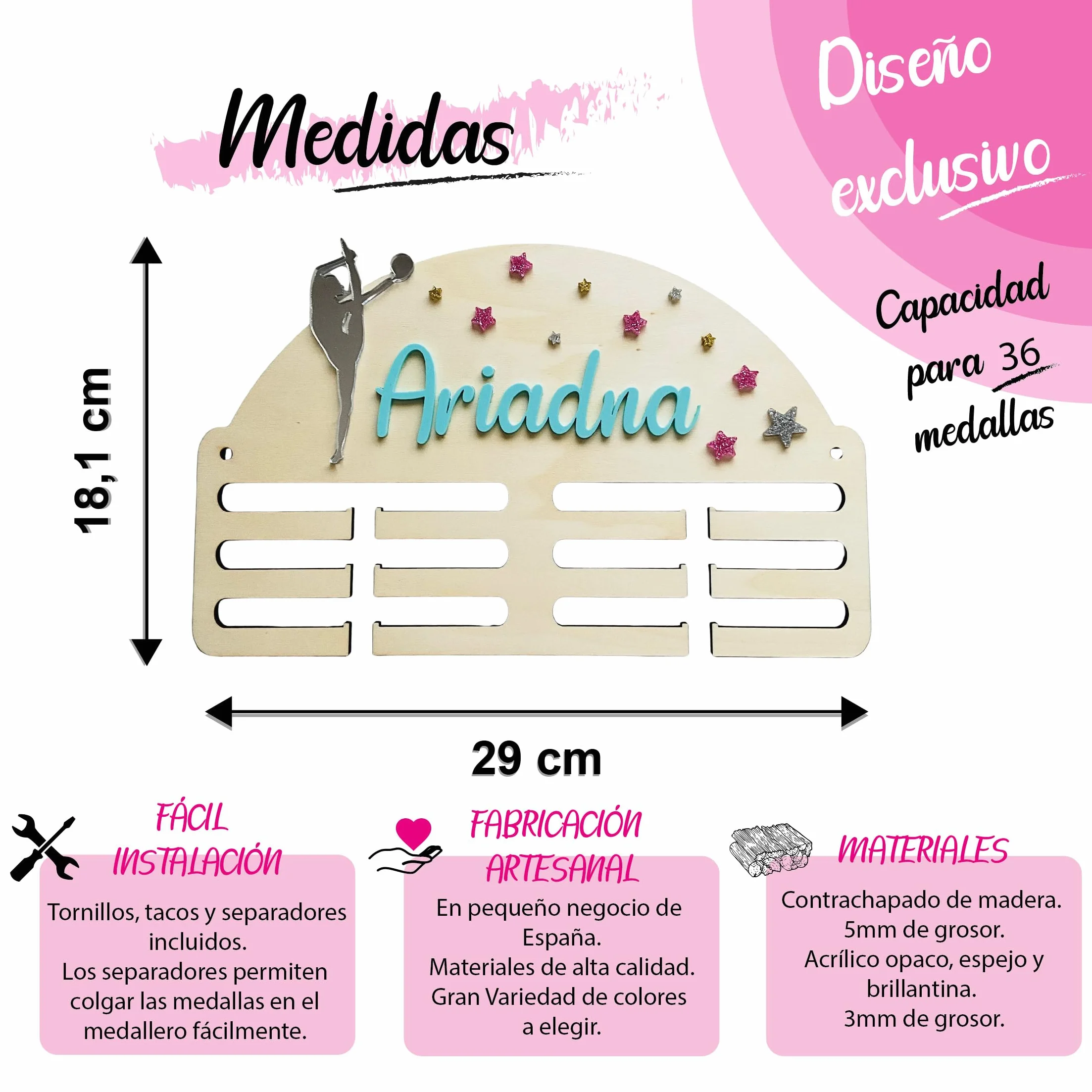 Medallero Gimnasia de Madera Personalizado con Nombre Acrílico Color a Elegir