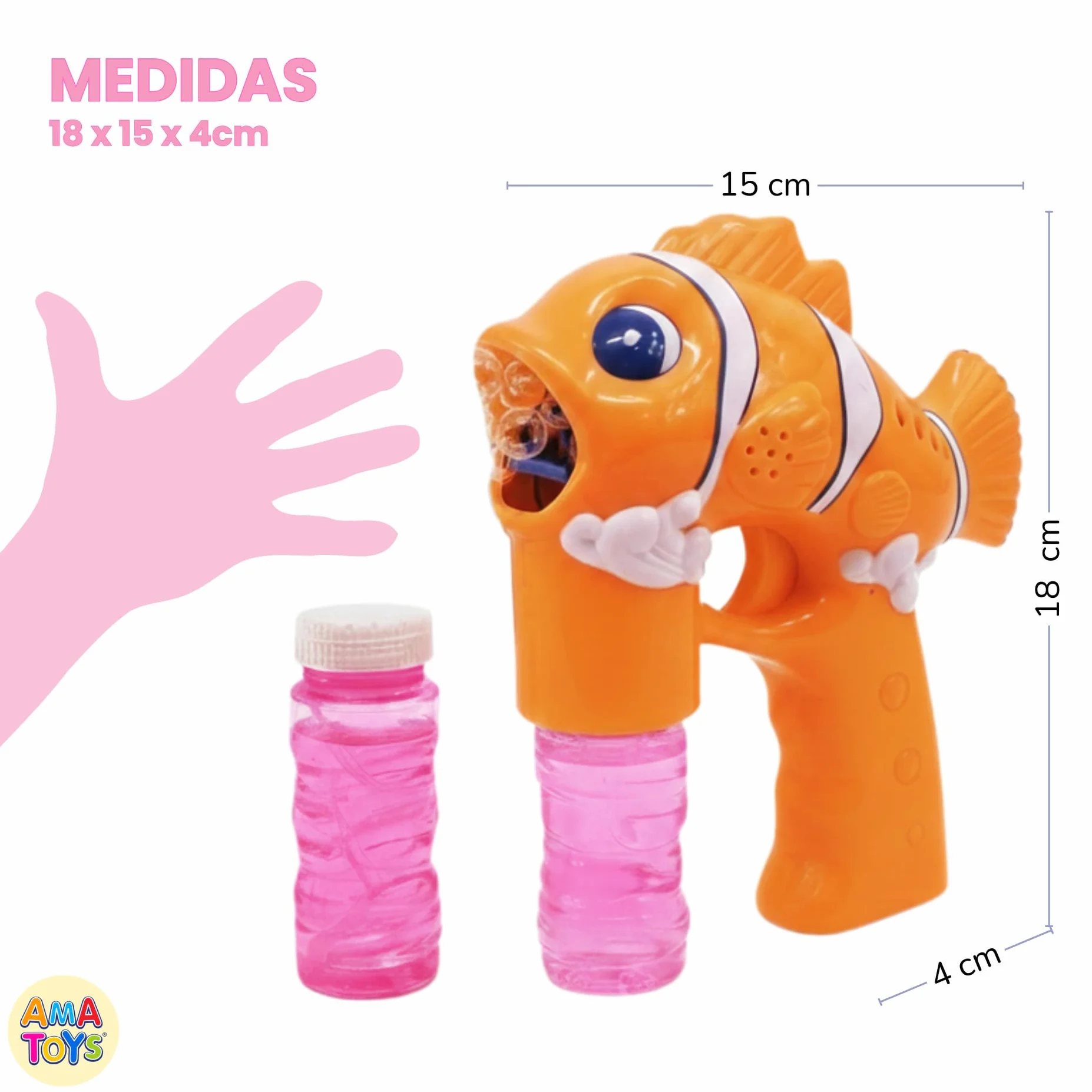 Pistola de Burbujas - Set de 3 - AMATOYS - Máquina de Pompas Automática con Luces - Forma de Animales - Pomperos para Niños y Niñas - Juguete para Piscina y Verano (PEZ_Naranja)