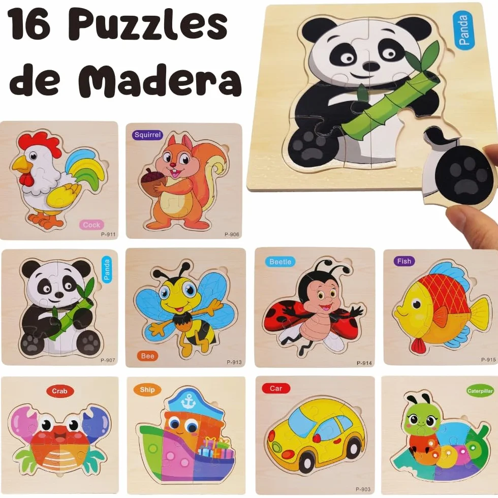 Puzzle Madera Niños 1 2 3 años Juguetes Montessori Educativos Animales 16 PCS