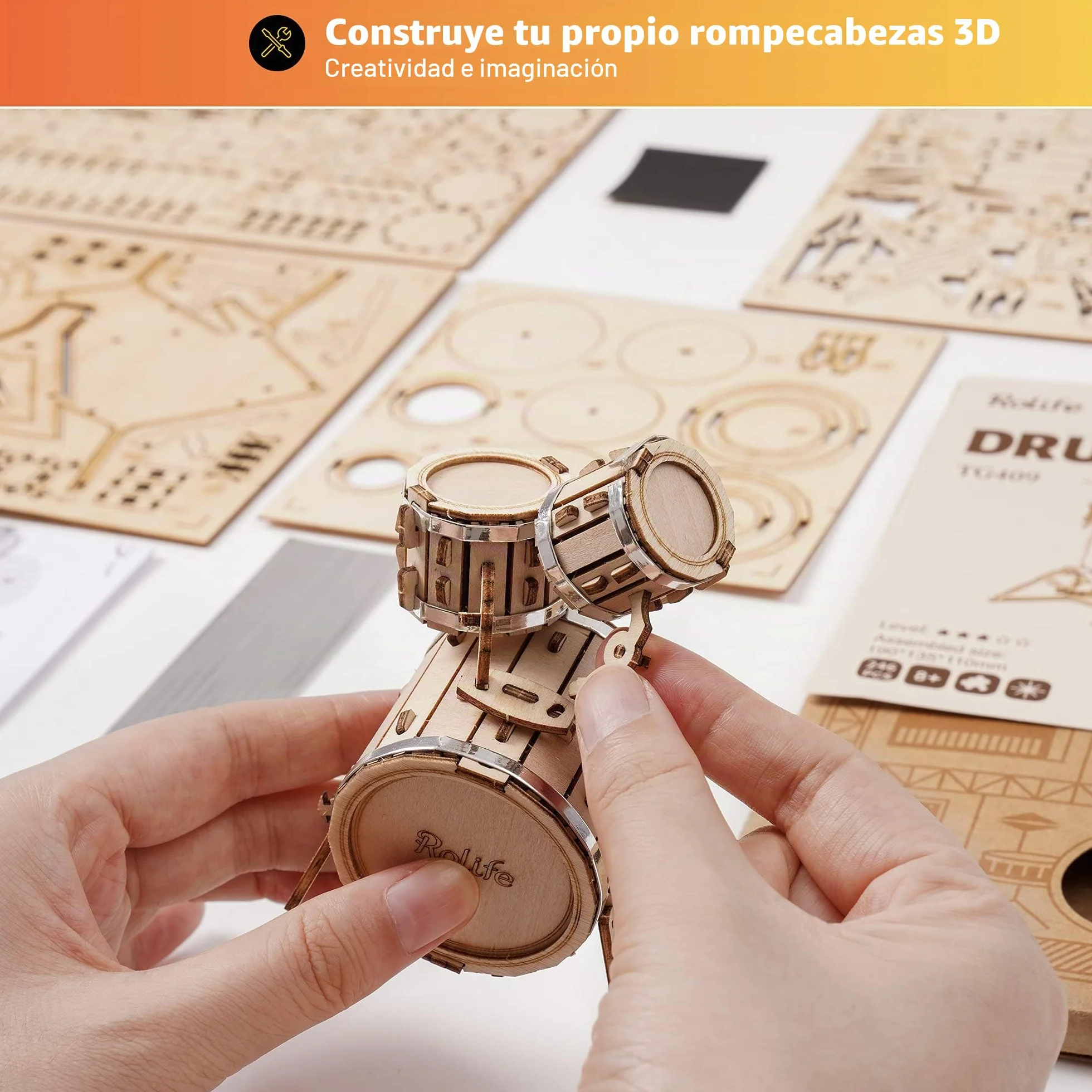 Rolife Puzzle 3D Madera Antiguo Maquetas para Montar Adultos Instrumento Musical Kit de batería
