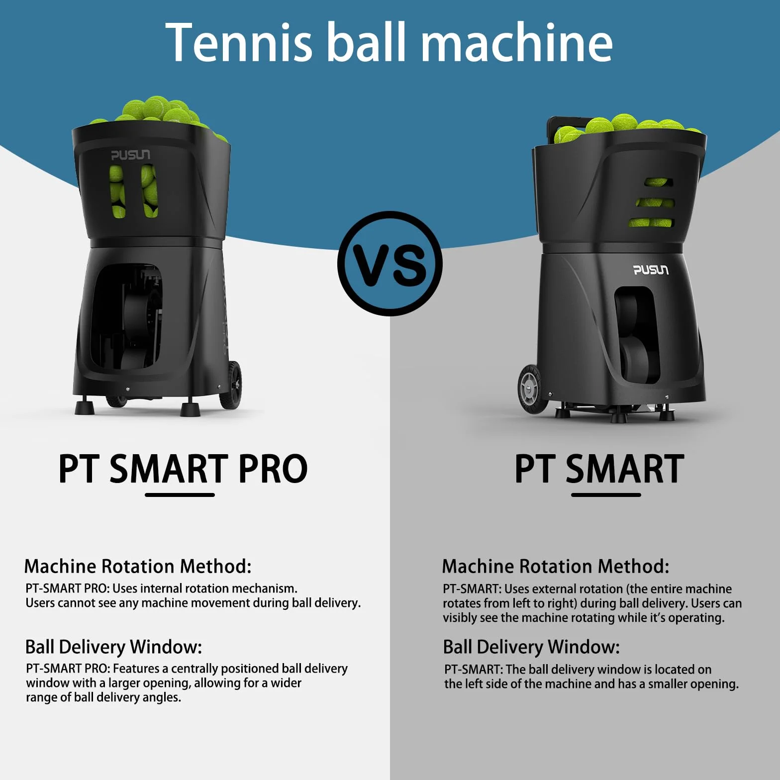 PUSUN PT-Smart Pro Máquina Lanzapelotas de Tenis Profesional Control App Remoto 12 Modos Entrenamiento 4-6 Horas Batería