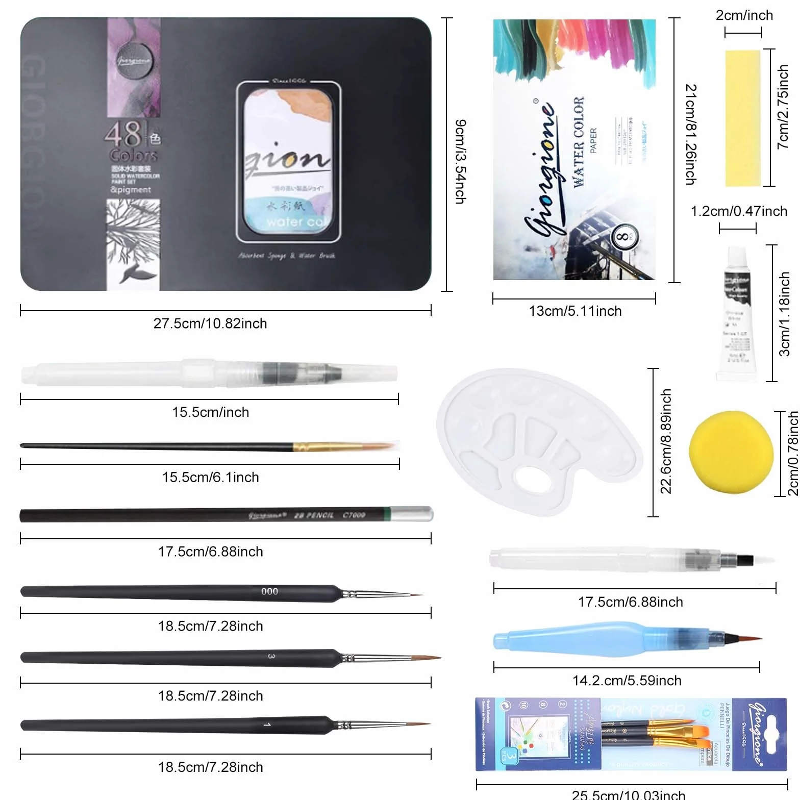 Juego de Acuarelas Profesionales 48 Colores,Set De Pintura De Acuarela,Incluyendo Pincel y Pinceles de Agua,Paleta Acuarela,etc,para Principiantes y Profesionales