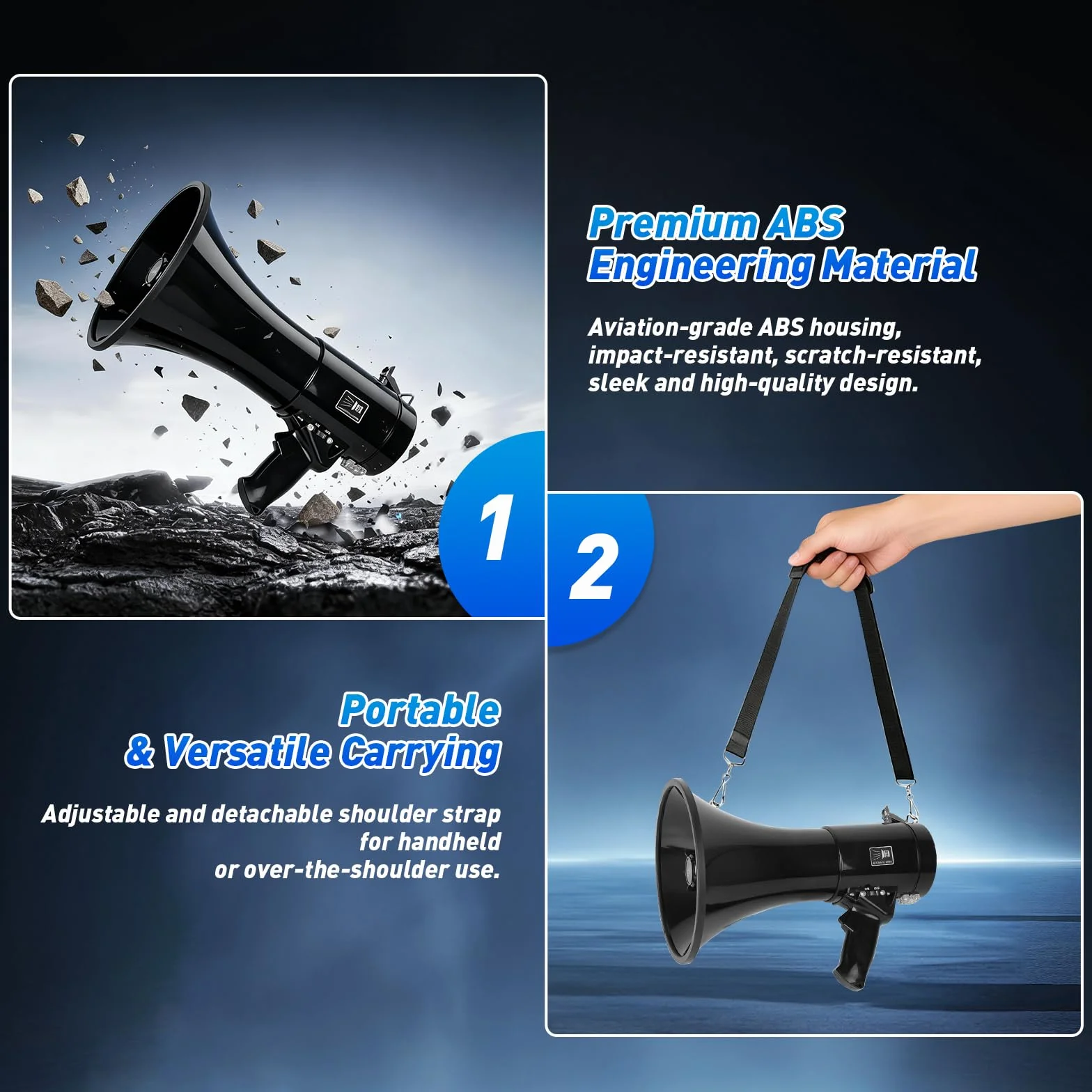JAOGAUS Megáfono 100W con Bluetooth, Grabación, Sirena, Micrófono Externo, USB, Doble Alimentación