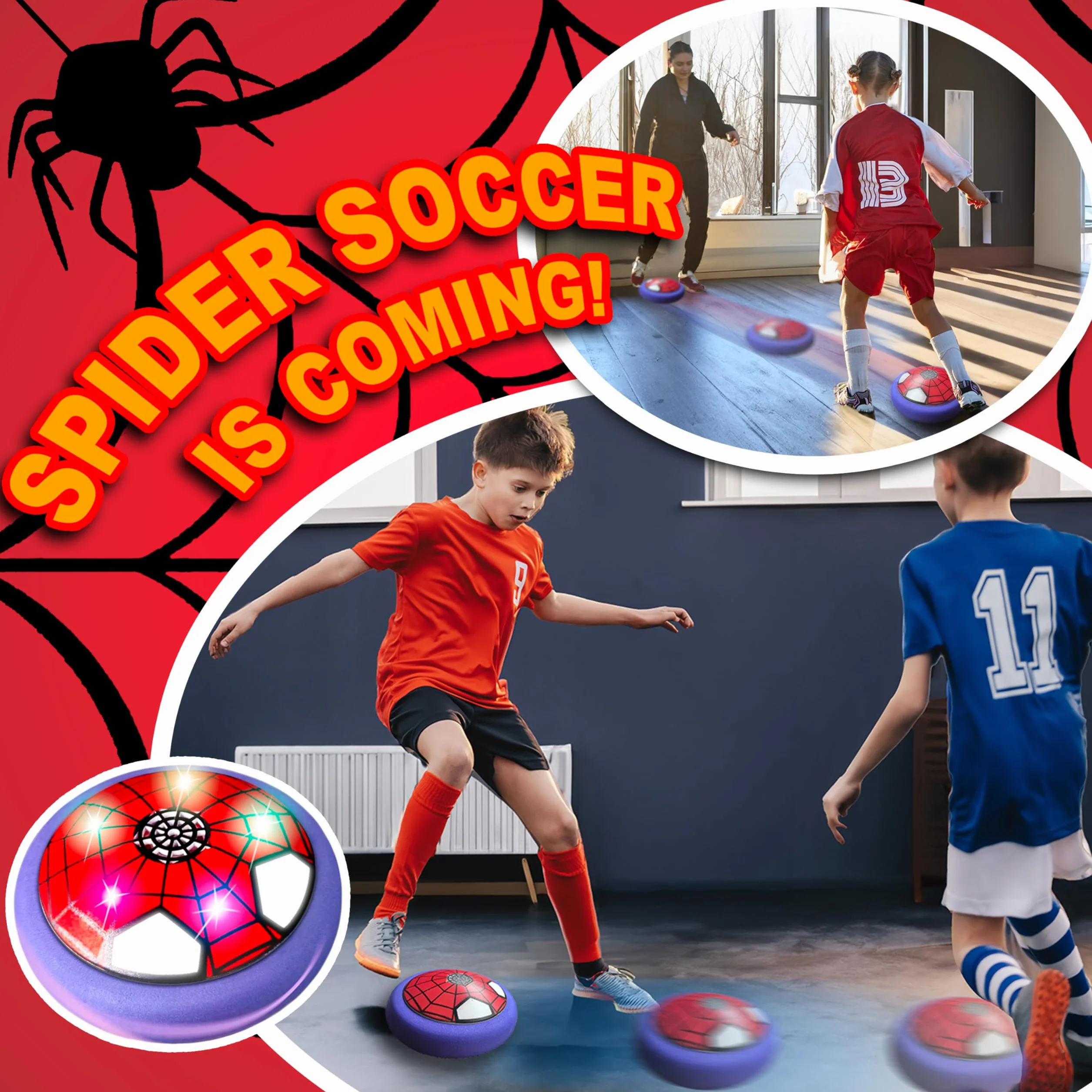 Spider Balón Fútbol Flotant, Air Power Fútbol con Luces LED, Juguetes de Football para Niños 3 4 5 6 Años, Regalo Niño Niña 3-12 Años, Juegos de Exterior e Interior Niño