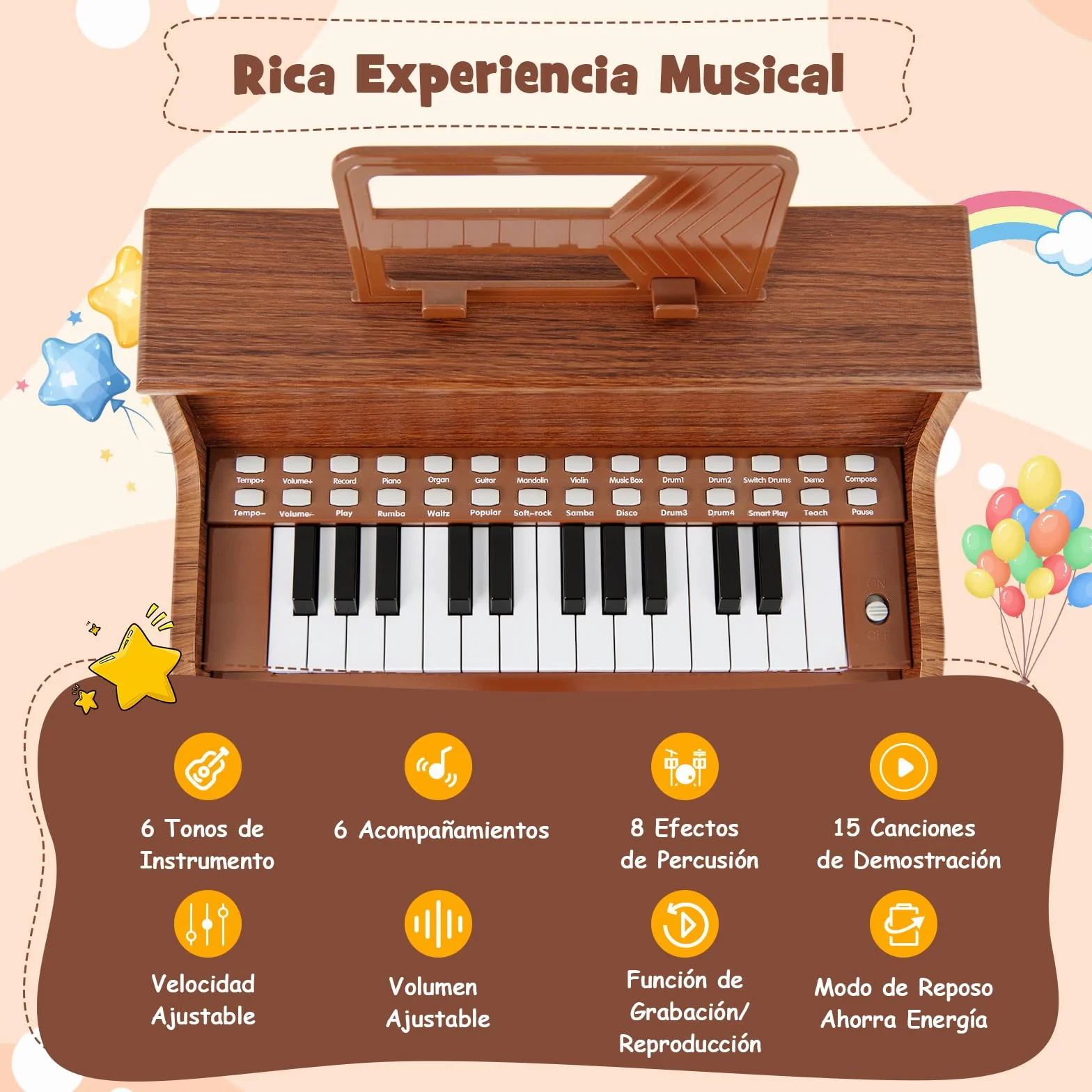COSTWAY Piano Infantil de 25 Teclas con Taburete y Atril, Órgano Electrónico Niños con Velocidad y Volumen Ajustables, Modo de Enseñanza, Marco Madera, Instrumento Musical para Niños 3+ Años (Marrón)