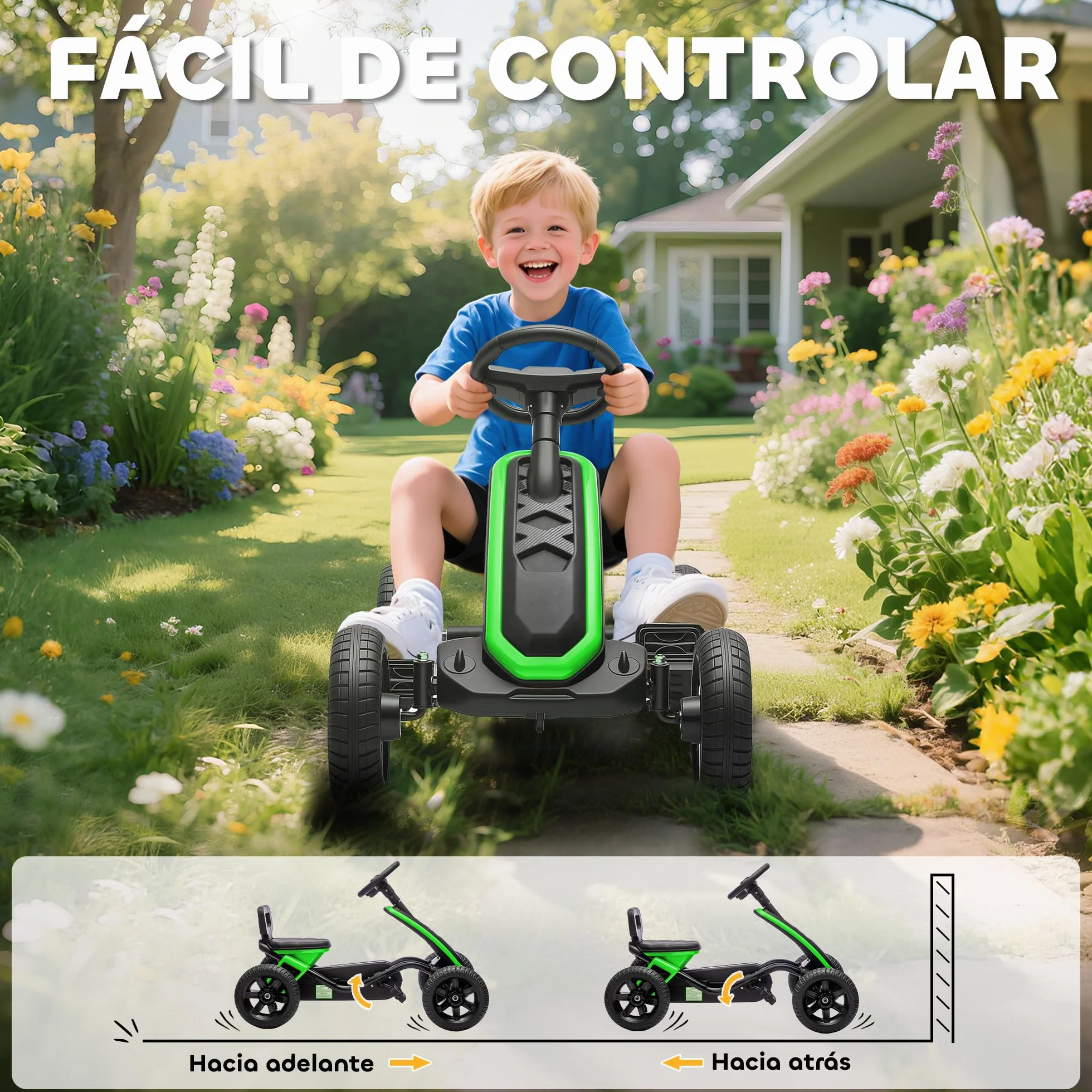 AIYAPLAY Kart Pedales, Go Kart con Ruedas Antideslizantes de EVA, Marco Metálico, Carga 30 kg, para Niños y Niñas de 2-5 Años, Verde