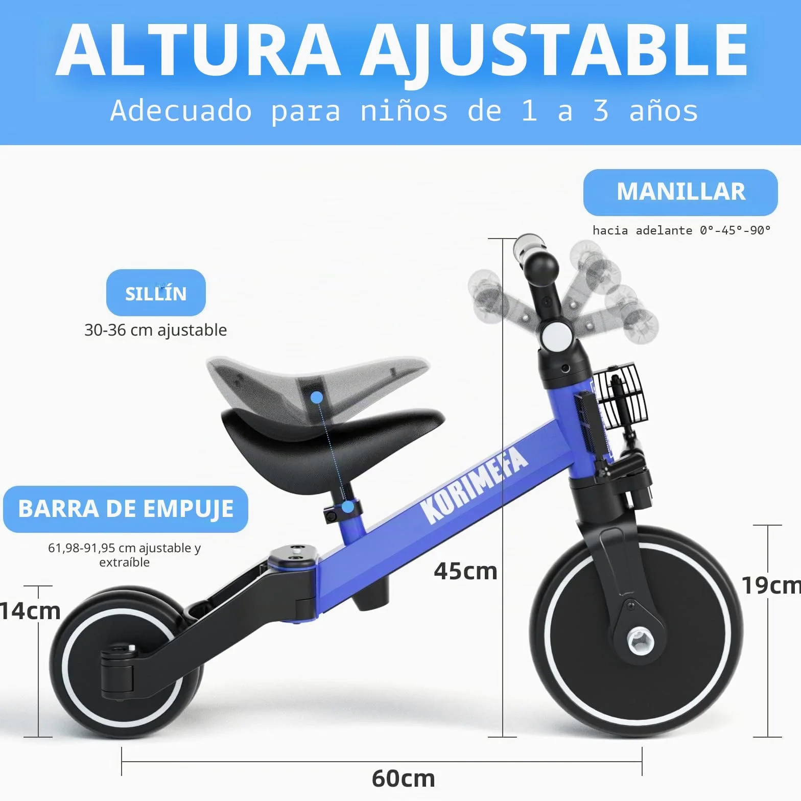 KORIMEFA Triciclos para Niños, 4 en 1 Una Bici Multifunción, Adecuado para niños de 1-3 años,Triciclo,Bicicleta,Carro de Equilibrio,Caminante, Altura del Asiento Regulable (Azul(con Mango))