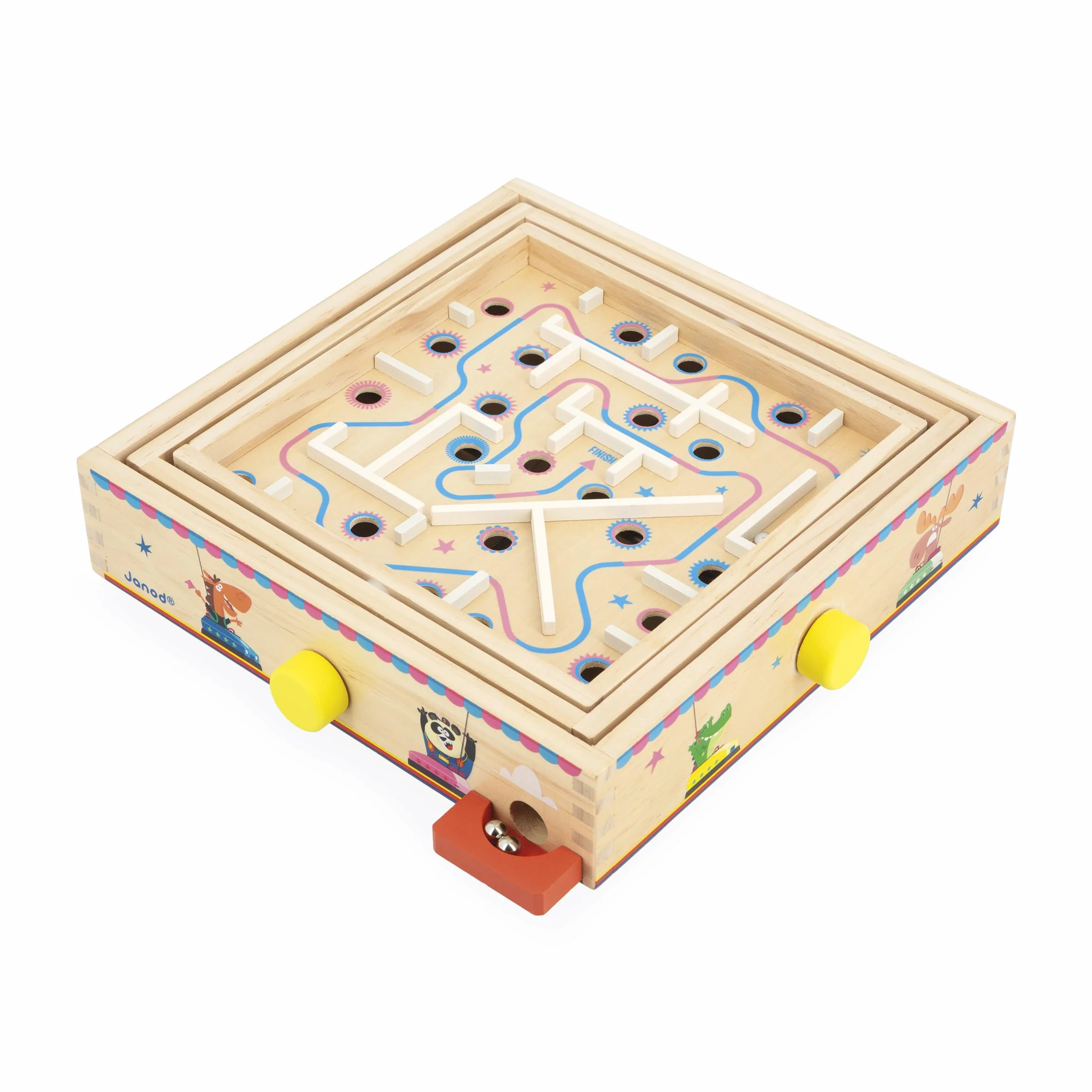 Janod Juego Laberinto de Madera para Niños y Adultos - Juguete Tradicional - Carrera de Canicas - 2 Canicas de Metal Suministradas - Desarrolla la Concentración y la Habilidad - A Partir de 5 años