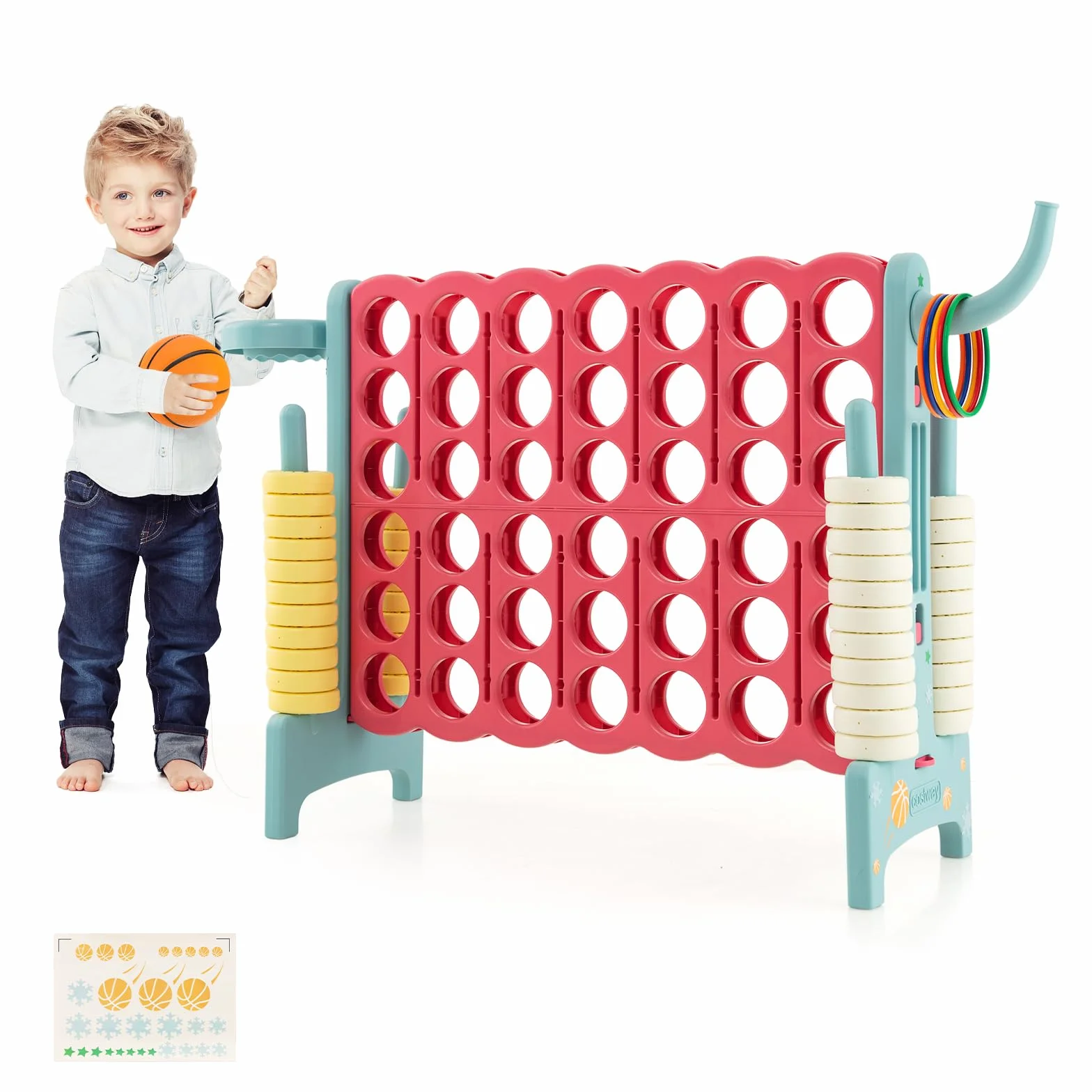 COSTWAY Conecta 4 Gigante, Mega 4 para Niños y Adultos, Juego de Exterior 74 cm con Canasta y Juego de Lanzamiento de Anillos, 42 Piezas Gigantes con Pegitinas y Boloncesto (Rojo y Azul)
