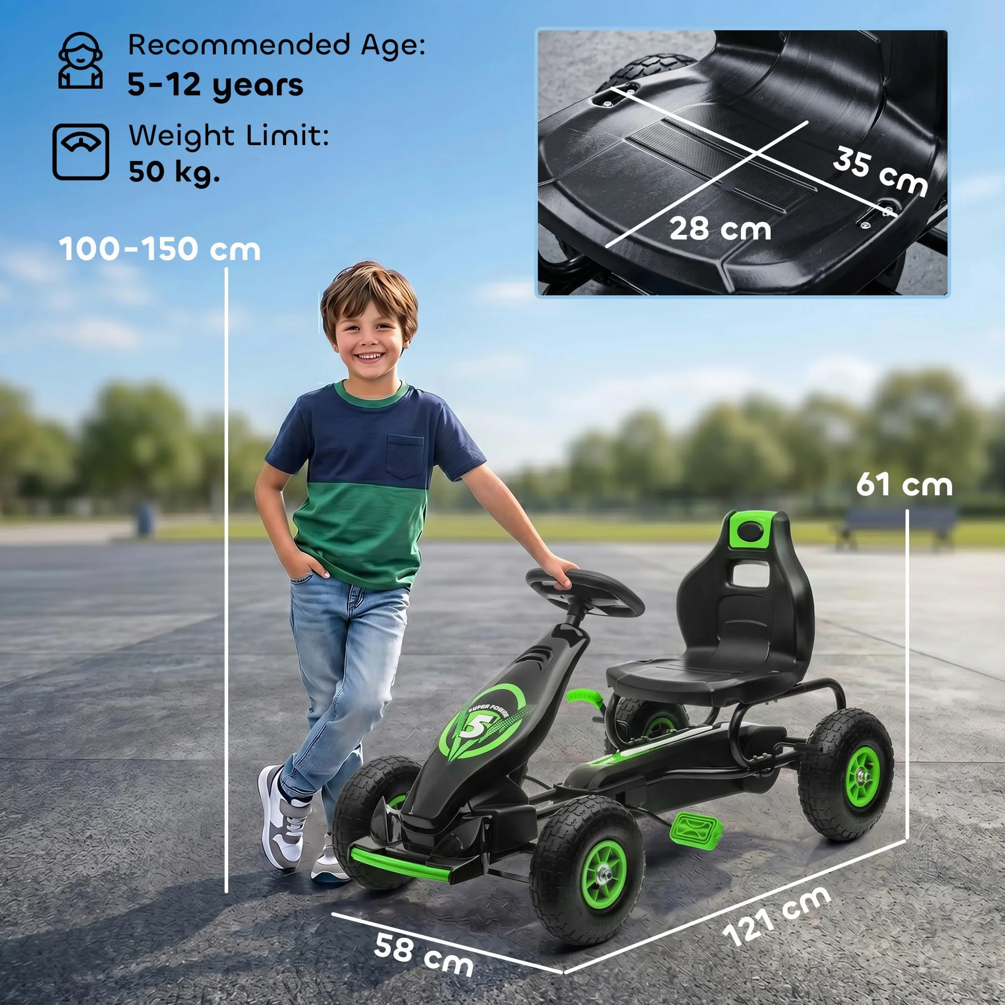 HOMCOM Kart Pedales Coche de Pedales para Niños de 5-12 Años con Asiento Ajustable Neumáticos Inflables Amortiguador y Freno de Mano Carga 50 kg Verde