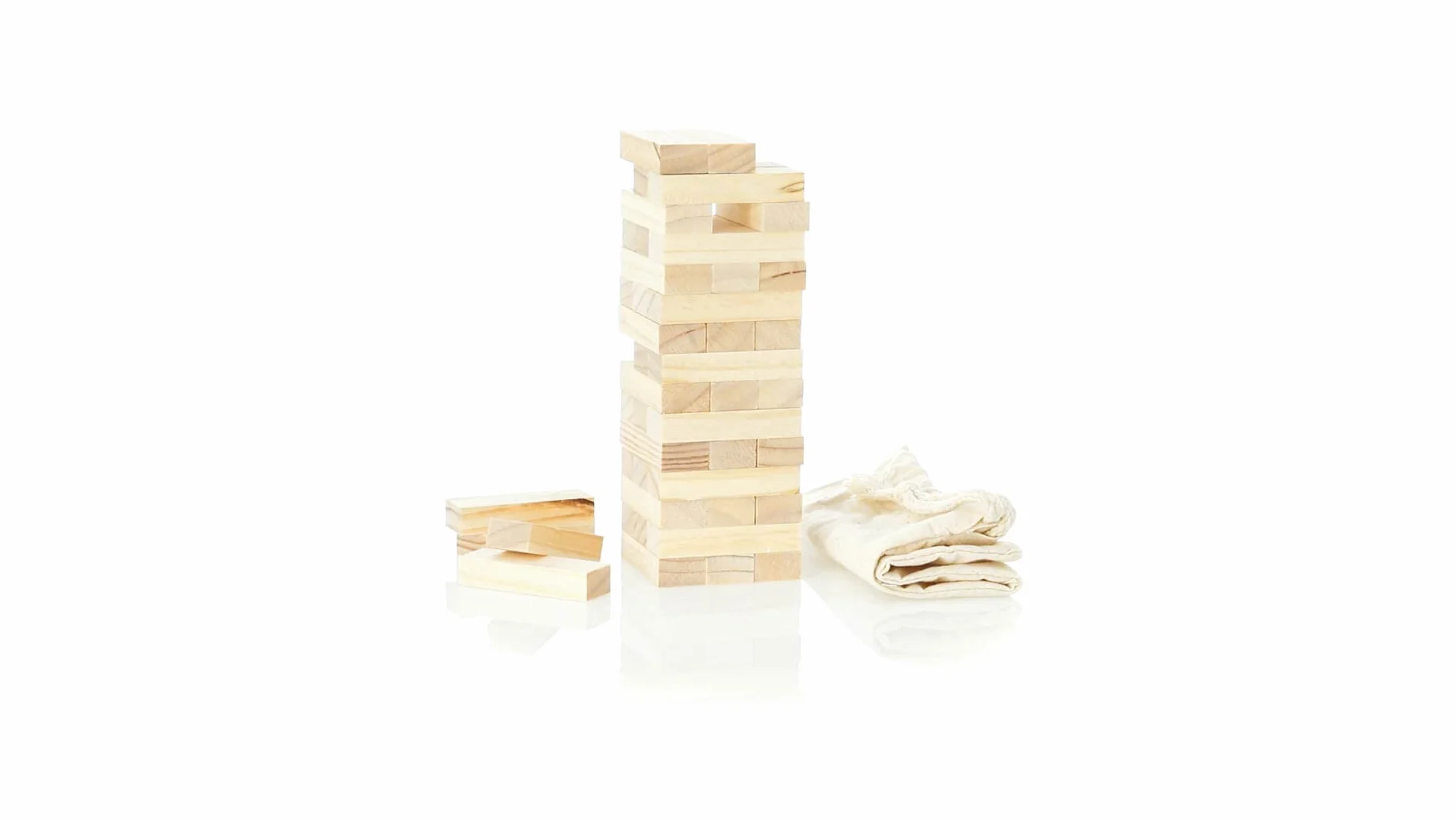 Makito Juego Torre de Madera de Habilidad (tamaño pequeño/Viaje). Incluye 45 Piezas de Madera y Viene presentado en una Resistente Funda de algodón con Cierre de cordón.