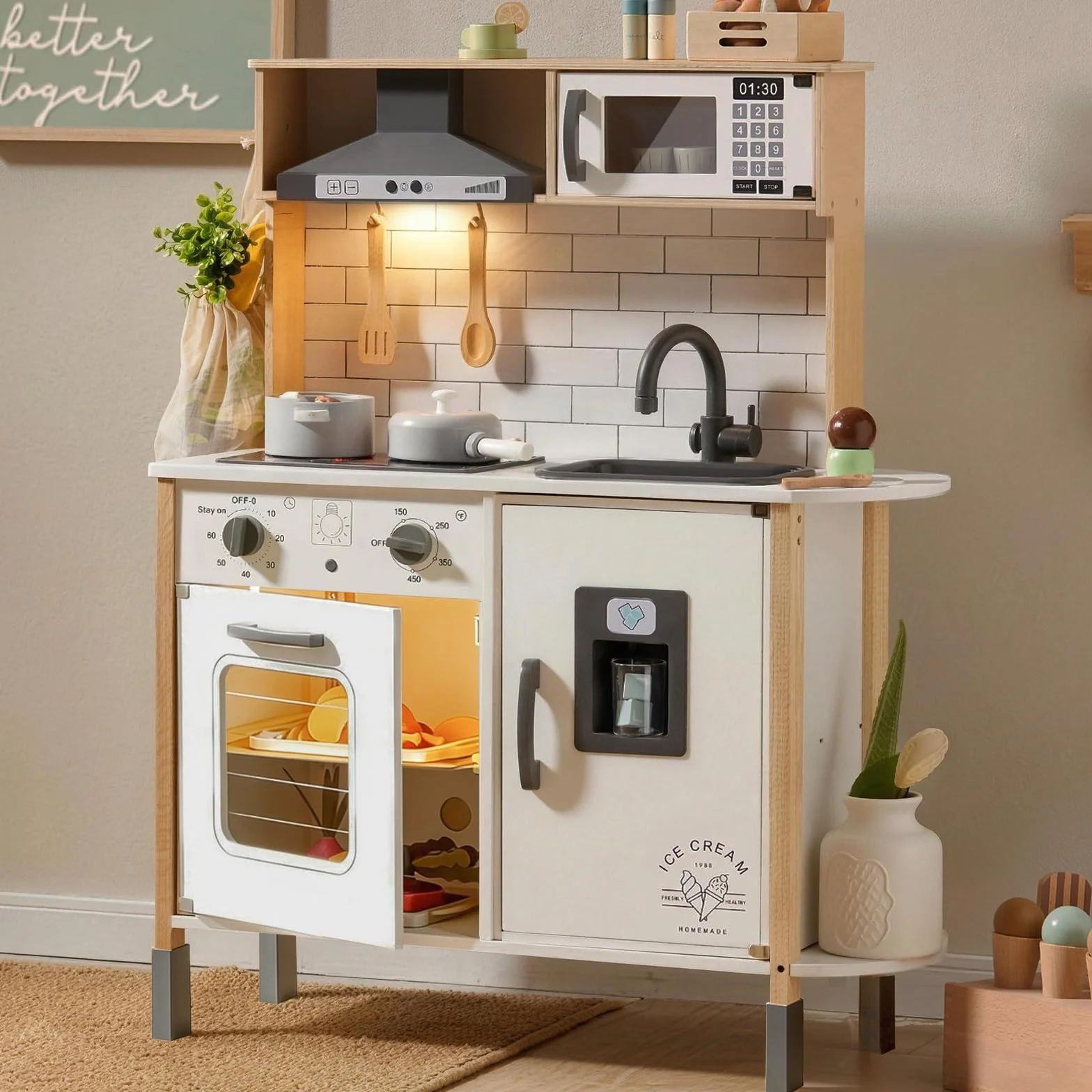 Tiny Land Cocina Juguete para niños con 18 Accesorios de Comida y Utensilios de Cocina de Juguete Juego de Chef de Madera con Luces y Sonidos