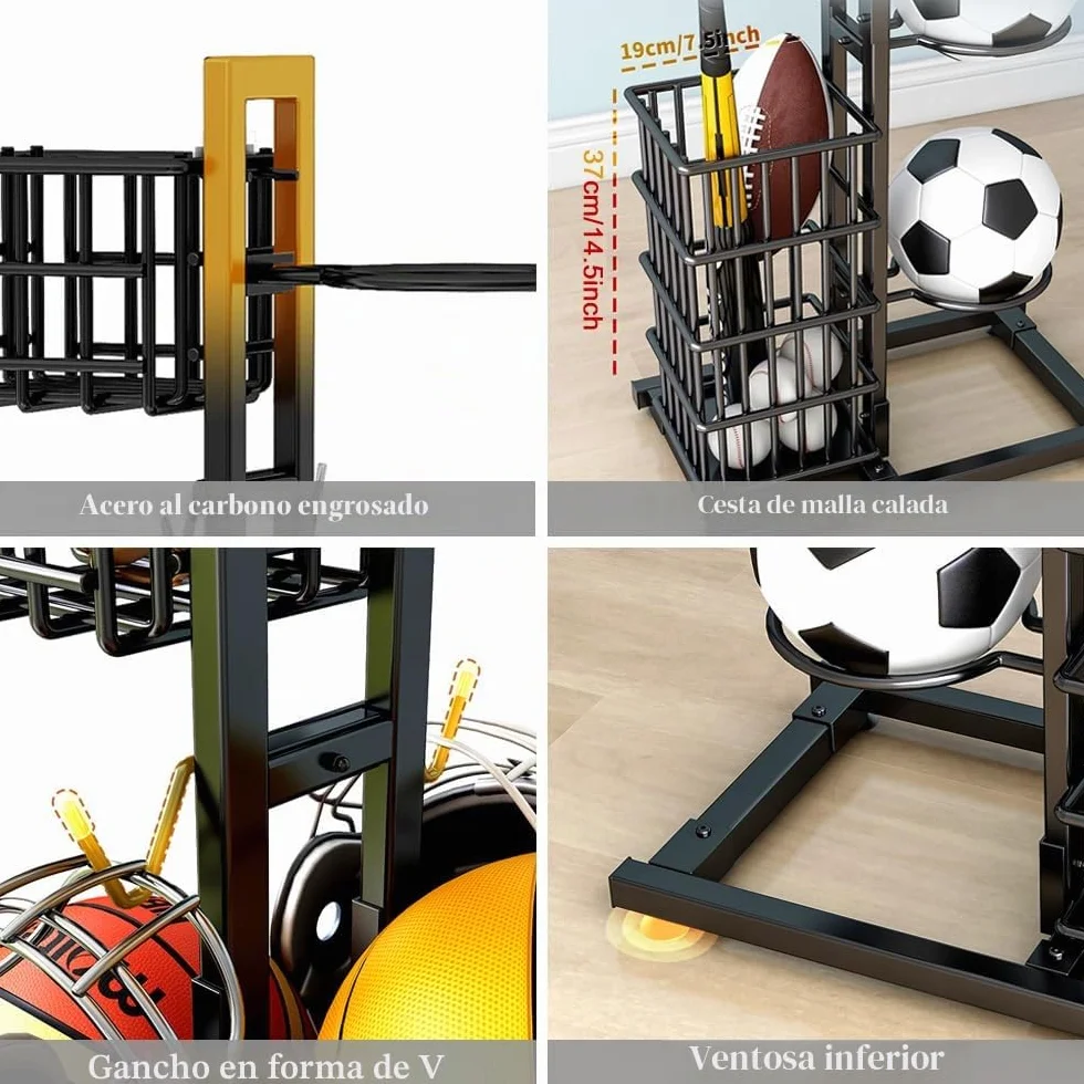 NUODWELL Estante de almacenamiento de pelotas, organizador deportivo con cesta y ganchos, estante de baloncesto de metal, para garaje y hogar