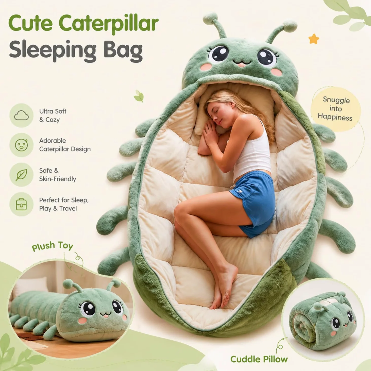 Caterpillar - Saco de dormir de felpa súper suave, forma de capullo de una pieza, plegable, portátil para casa, viajes, camping, bonito diseño de animales (90 pulgadas de longitud)