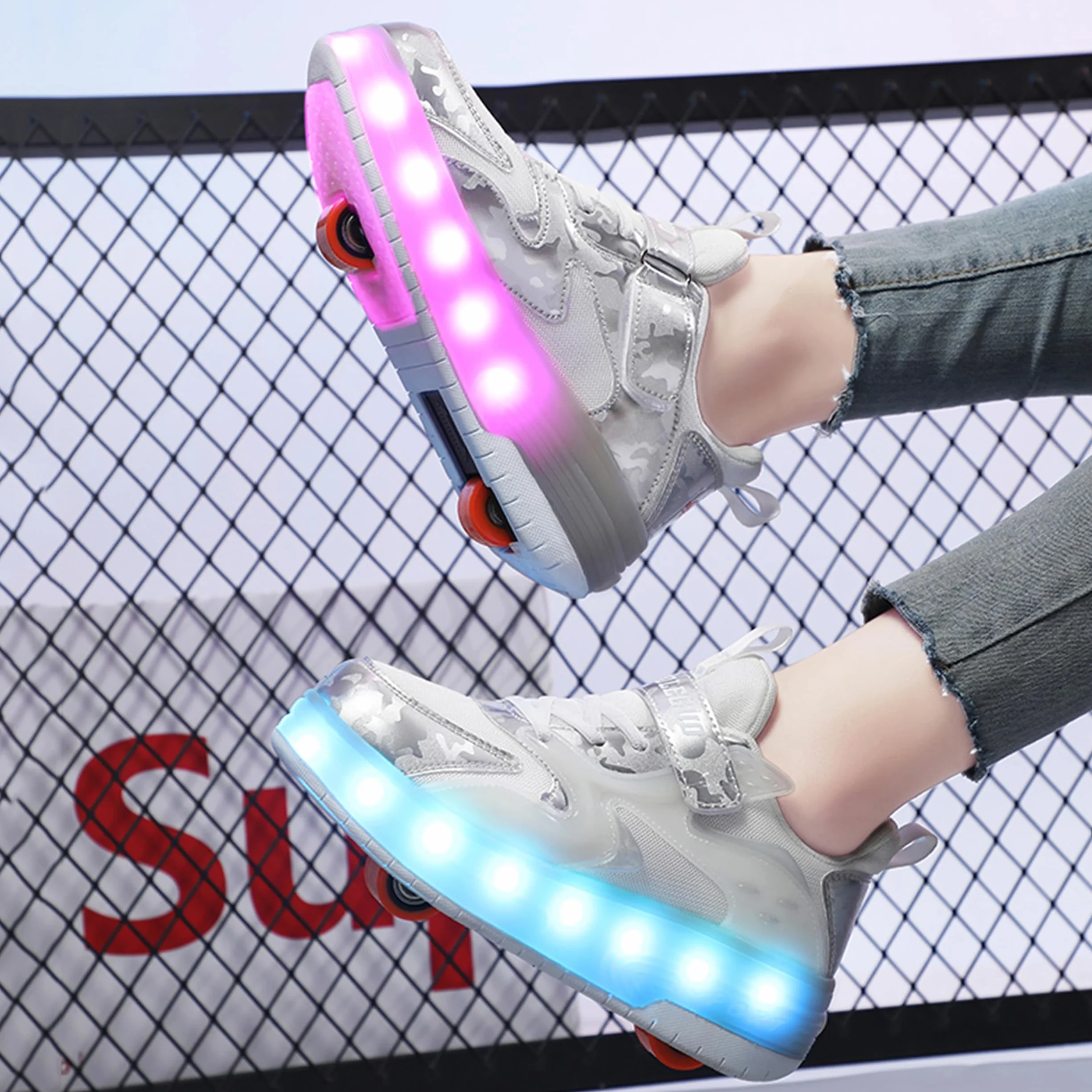 Zapatillas con Ruedas LED para Niños y Niñas, Patines de Skate con Dos Ruedas, Carga USB, Color Cambiante