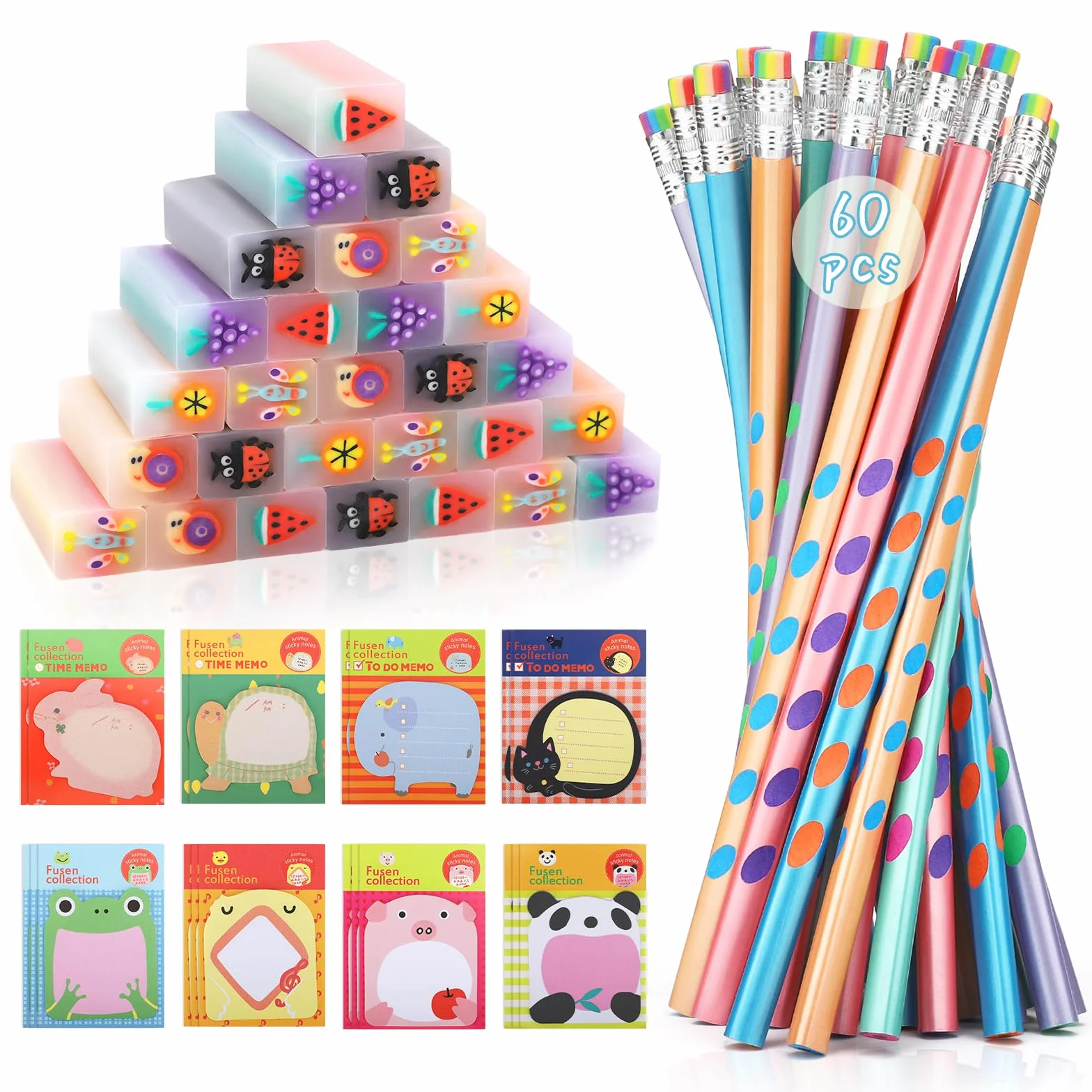 SKAMORI 60 Piezas Lapices con Gomas Niños Regalo, 20 Gomas de Borrar Divertidas + 20 Lápices Triangulares + 20 Notas Adhesivas, Regalos Cumpleaños Niños Colegio & Detalles Cumpleaños Infantil
