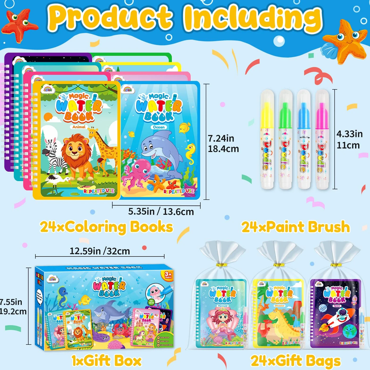 ZMLM 24 Libros de Colorear Magico Agua, Reutilizable Libro Colorear para 3-5 Años Detalles Cumpleaños Niños - Bolsitas cumpleaños infantiles - Regalos Cumpleaños Niños Colegio (Clásico)