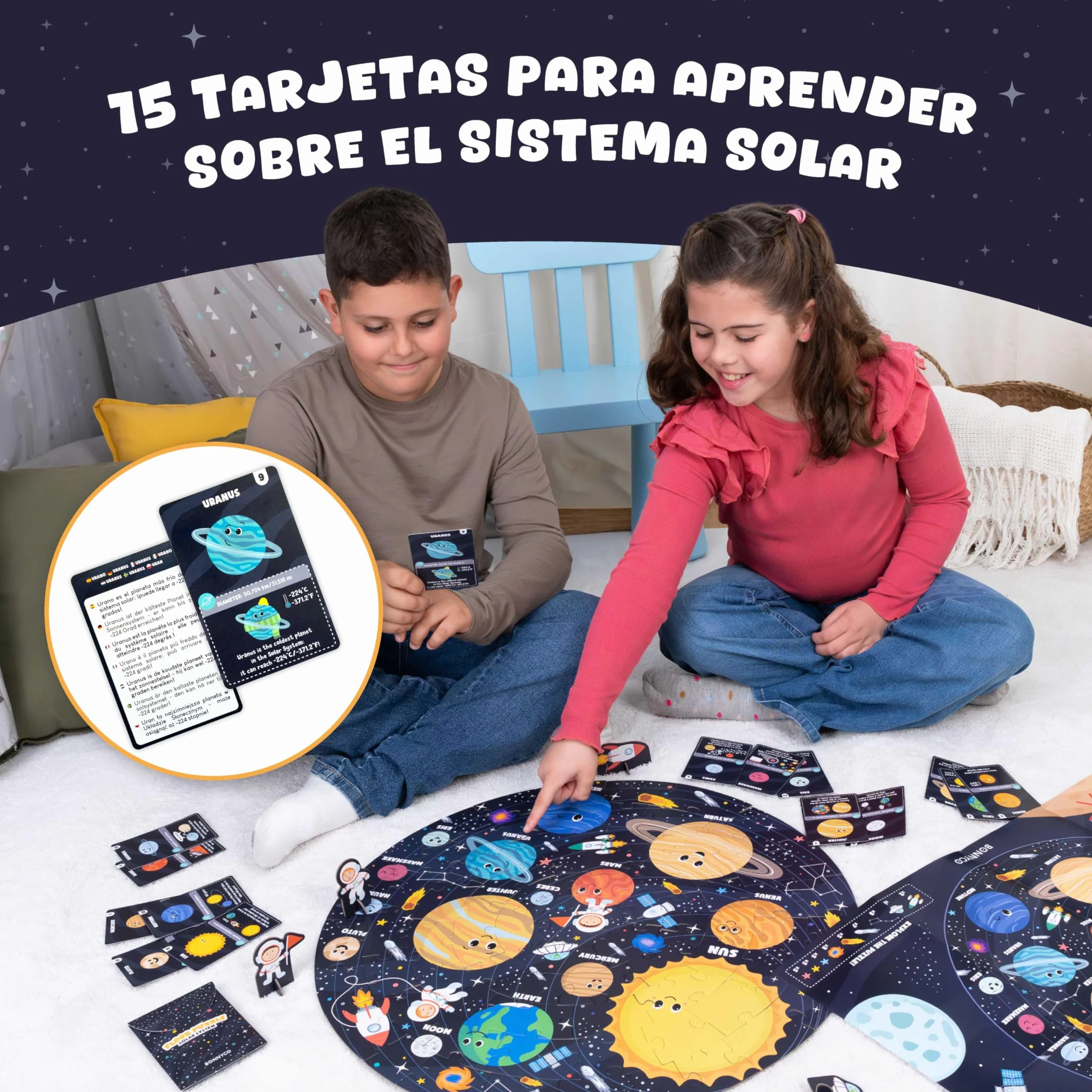 BONNYCO Puzzle XXL Sistema Solar 70 Piezas 58x58 cm Rompecabezas Redondo Planetas Juegos Educativos Niños 4 Años