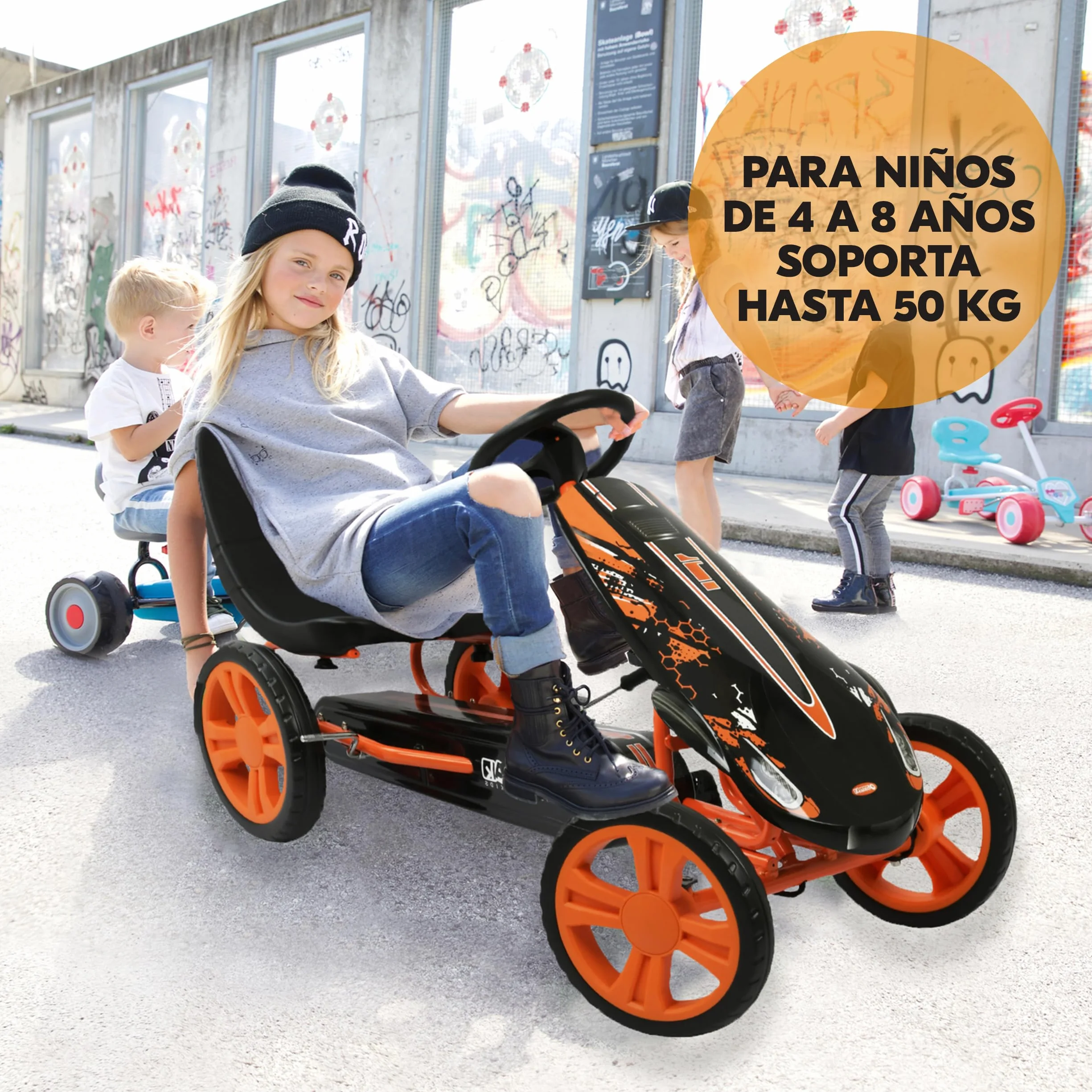 hauck Speedster Kart Pedales para Niños, Go Kart desde 4 años hasta 50 kg, Freno de Mano, Asiento Ajustable en 3 Posiciones, Marco de Acero