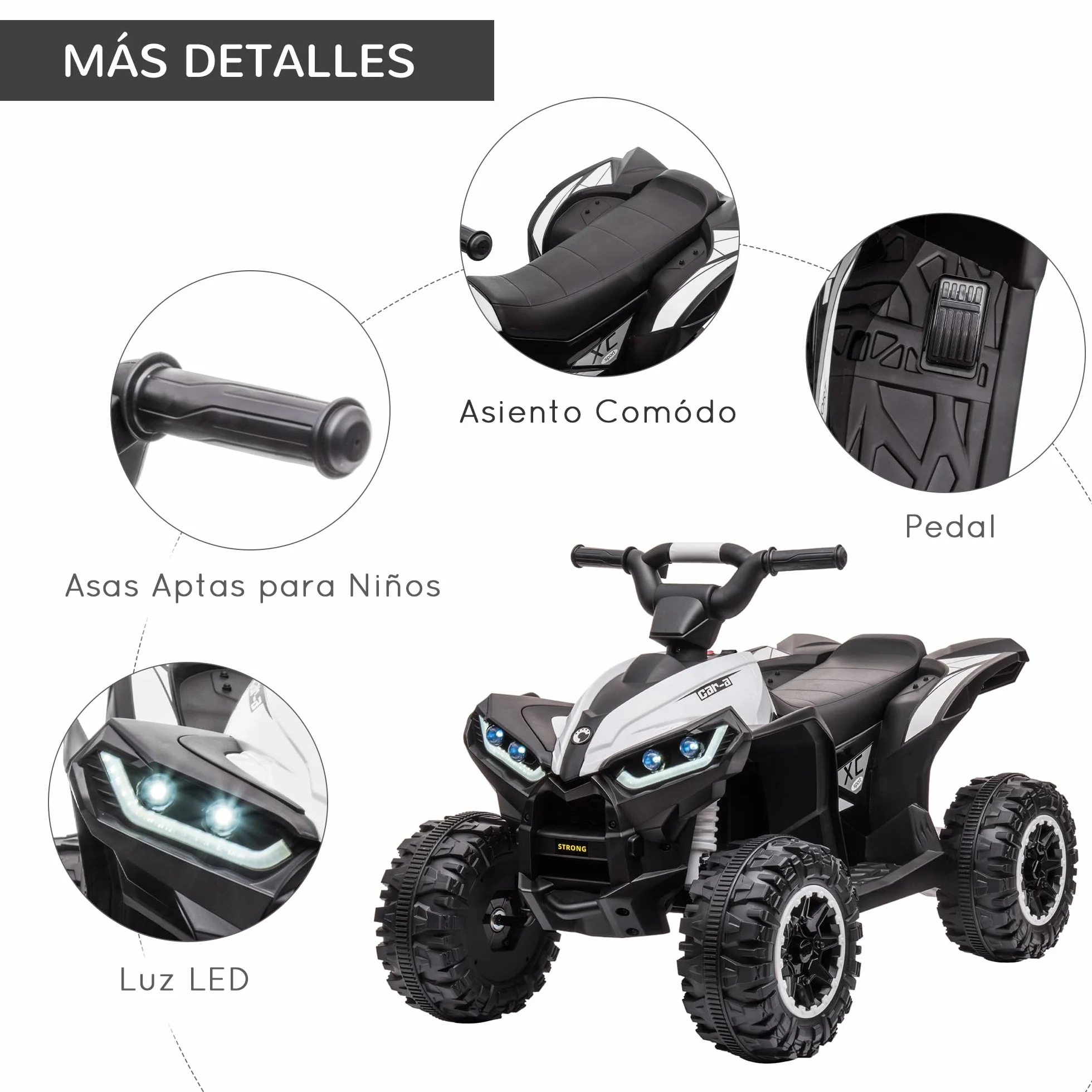 HOMCOM Quad Eléctrico para Niños 12V, Quad para Niños de 3-5 Años, con 2 Motores, Velocidad Ajustable 3-6km/h, Faros, Bocina, Música, USB, Avance y Retroceso, Blanco