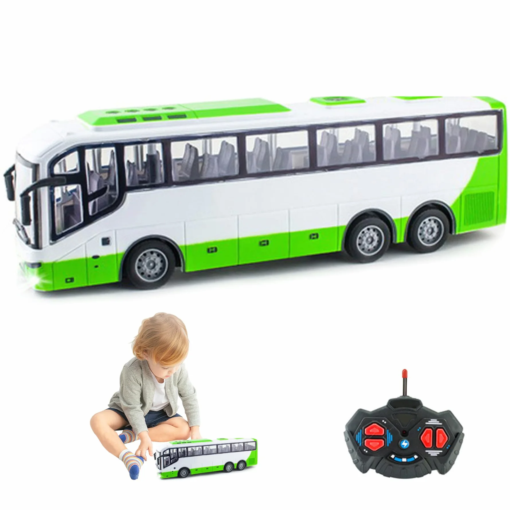Toy Bus, 12.4x3.2x4.5 pulgadas Juguete de autobús inalámbrico eléctrico, simulador de turismo realista a escala 1:30, control remoto divertido, regalo creativo para niños, sin batería, verde.