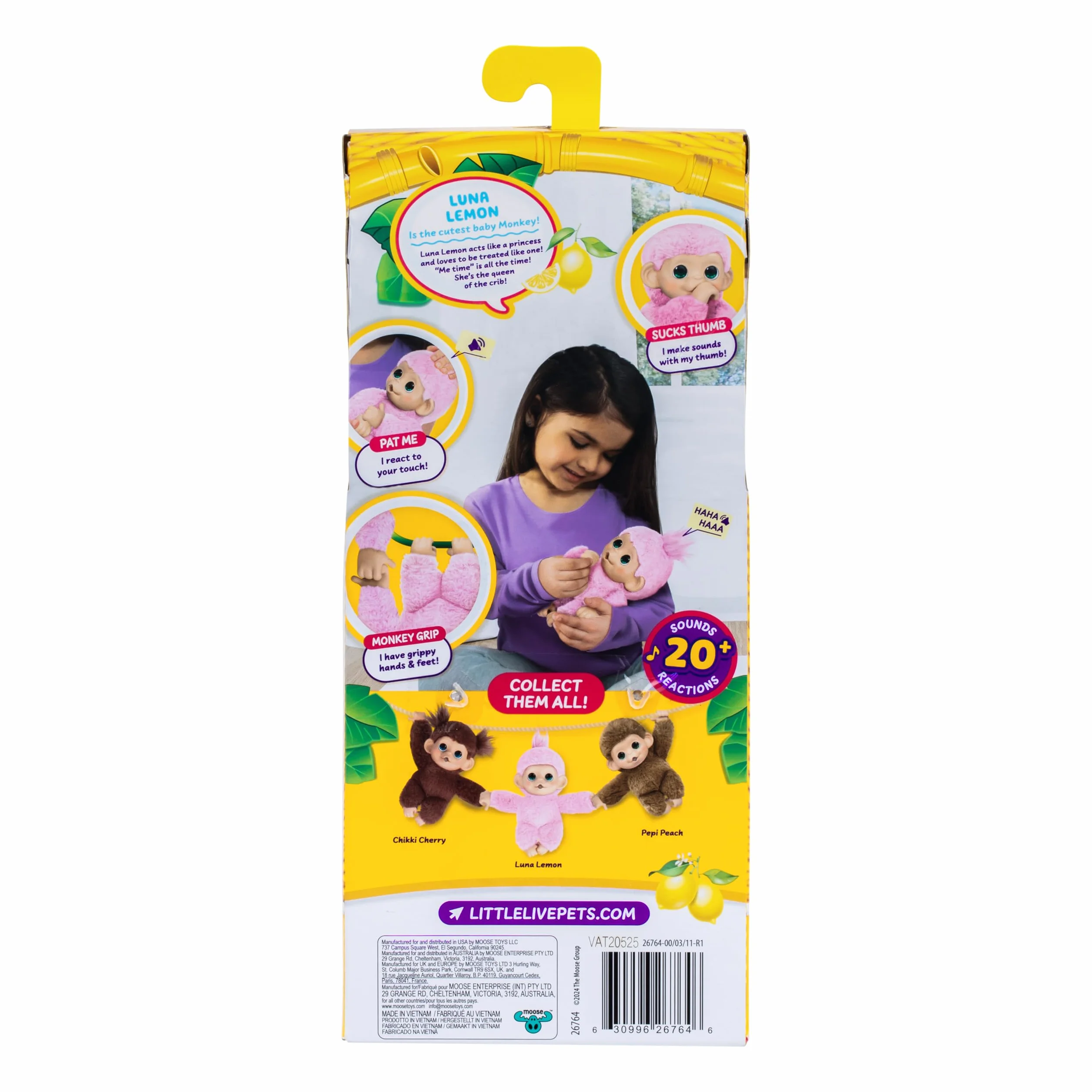 Little Live Pets Baby Monkey Minis Luna Lemon, Juguete Interactivo, 20 Sonidos, Suave Pelaje Rosa, 18,8 cm