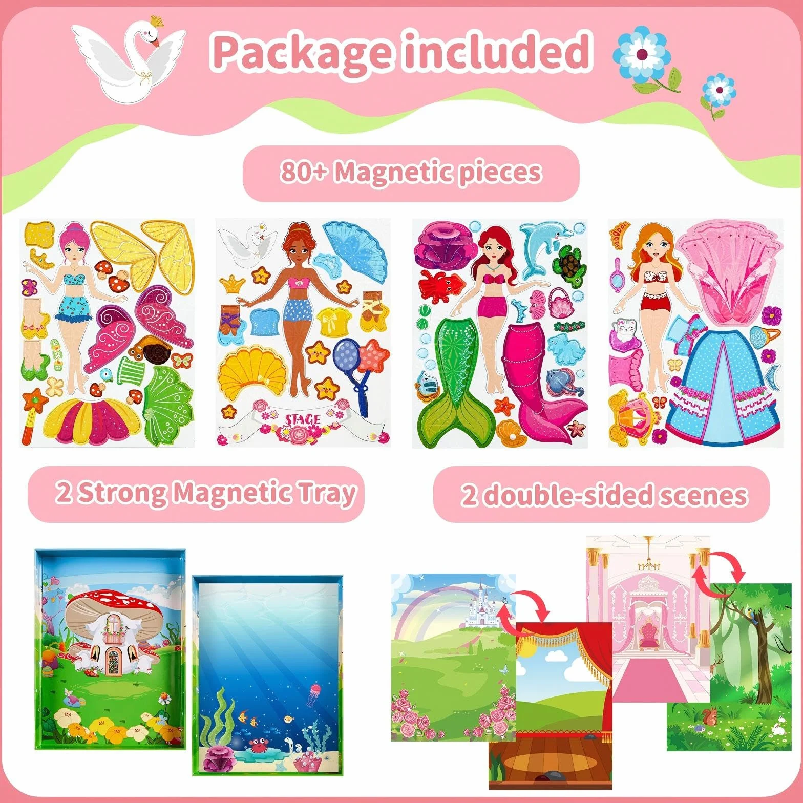 Muñecas magnéticas de vestir para niñas, kits de vestir con 82 piezas magnéticas, bailarina, sirena, juegos de viaje, viajes por carretera, avión, juguetes de actividad para niñas de 3, 4, 5, 6, 7