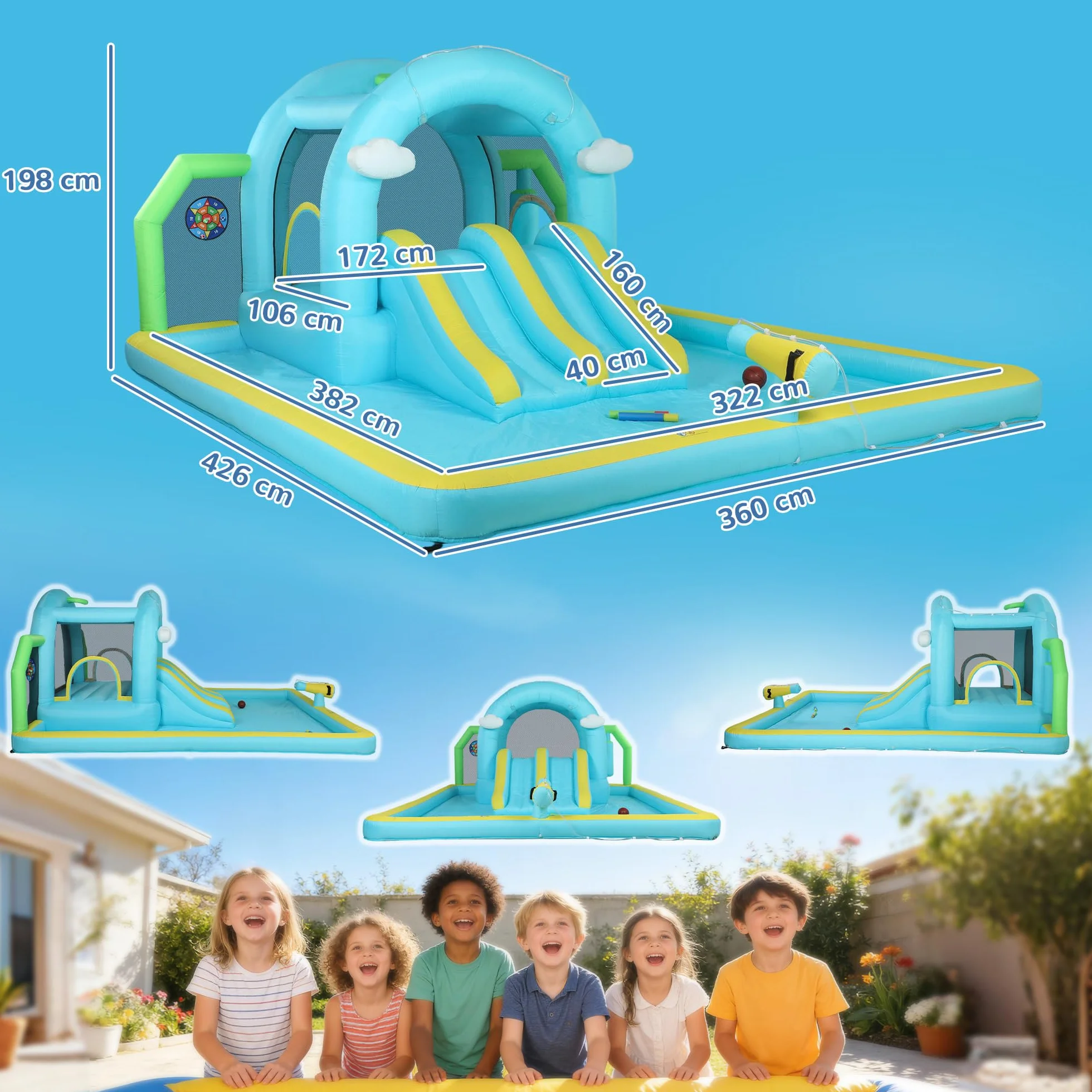 AIYAPLAY Castillo Hinchable Grande Acuático 7 en 1 con Soplador 450W Hinchable para Niños con Tobogán Seco/Agua, Trampolín, Piscina, Canasta, Columna de Boxeo Exterior/Interior 3-8 Años 426x360x198 cm