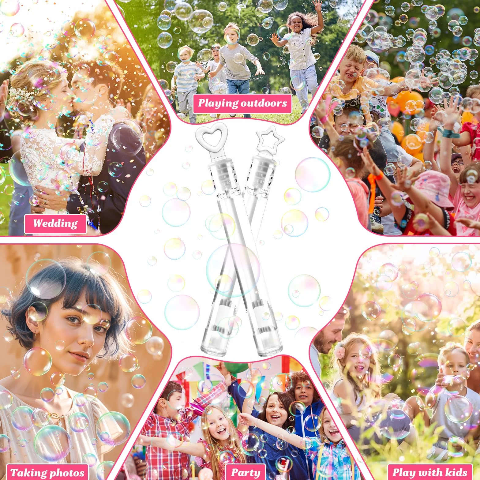 60 Pompas de Jabón para Bodas Burbuja, Pompas de Jabon Boda Blanco, Pomperos Boda, con Mango en Forma de Corazón y Estrella para Bodas, Bautizos, Cumpleaños, San Valentín