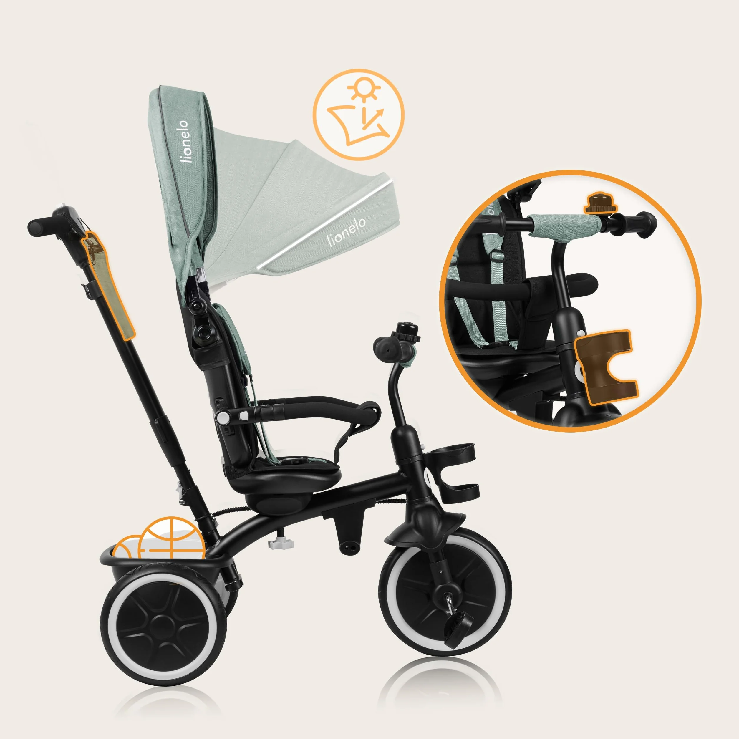 LIONELO Berry Triciclo Multifuncional de Paseo Silla de Paseo de 9 Meses a 5 años a 25 kg Ruedas Grandes de PU, Triciclo Asiento Giratorio 360° Montaje sin Herramientas