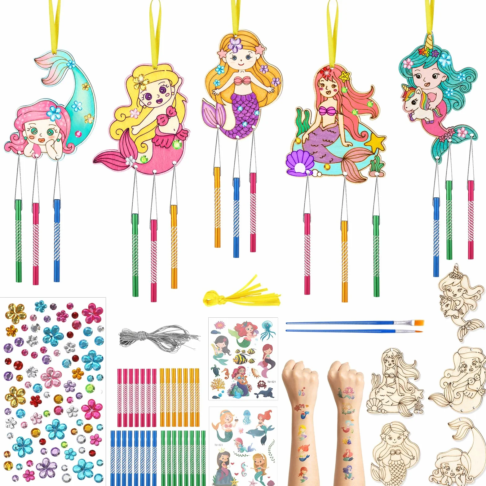 SRIZIAN 10piezas Sirena Manualidades para Niñas Kit de Manualidades de Campanillas de Viento de Madera de Sirena Regalos Manualidades Decoración para Fiestas Puertas y Jardines Bricolaje