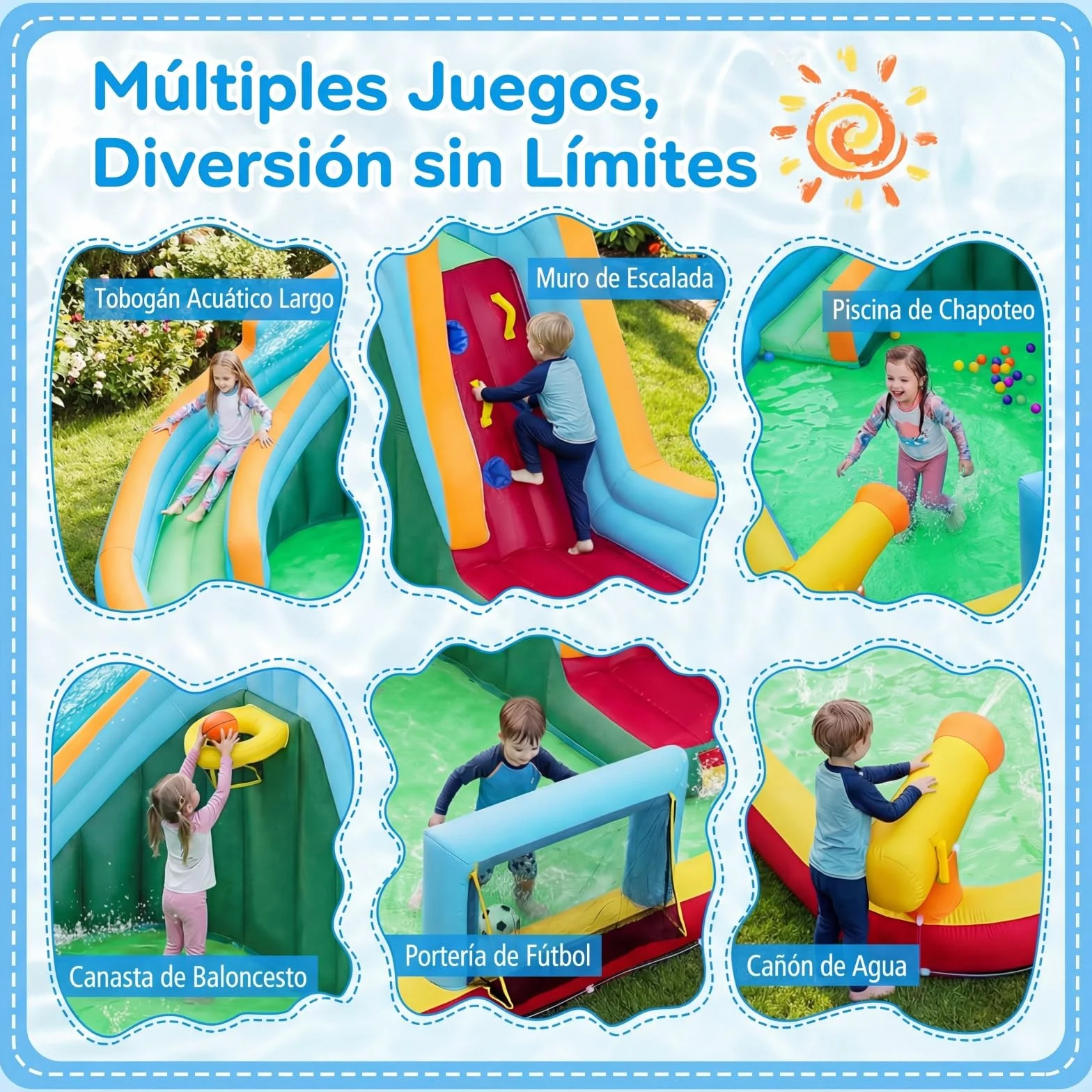 COSTWAY Castillo Hinchable Niños con Tobogán AcuáTico, Parque Infantil Inflable con Bolas Oceánicas, Fútbol, Baloncesto, Muro de Escalada, Aro, Portería y Cañón de Agua para 3 a 12 Años (Sin Soplador)
