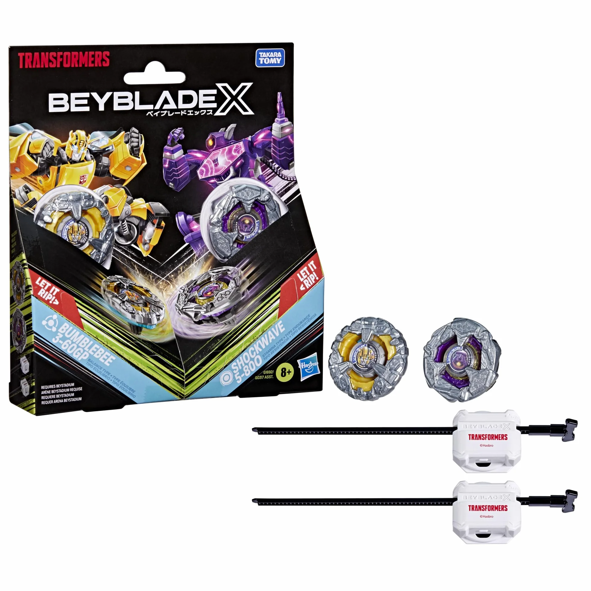 Colaboración Beyblade X and Transformers, Bumblebee 3-60GP vs. Shockwave 5-80O