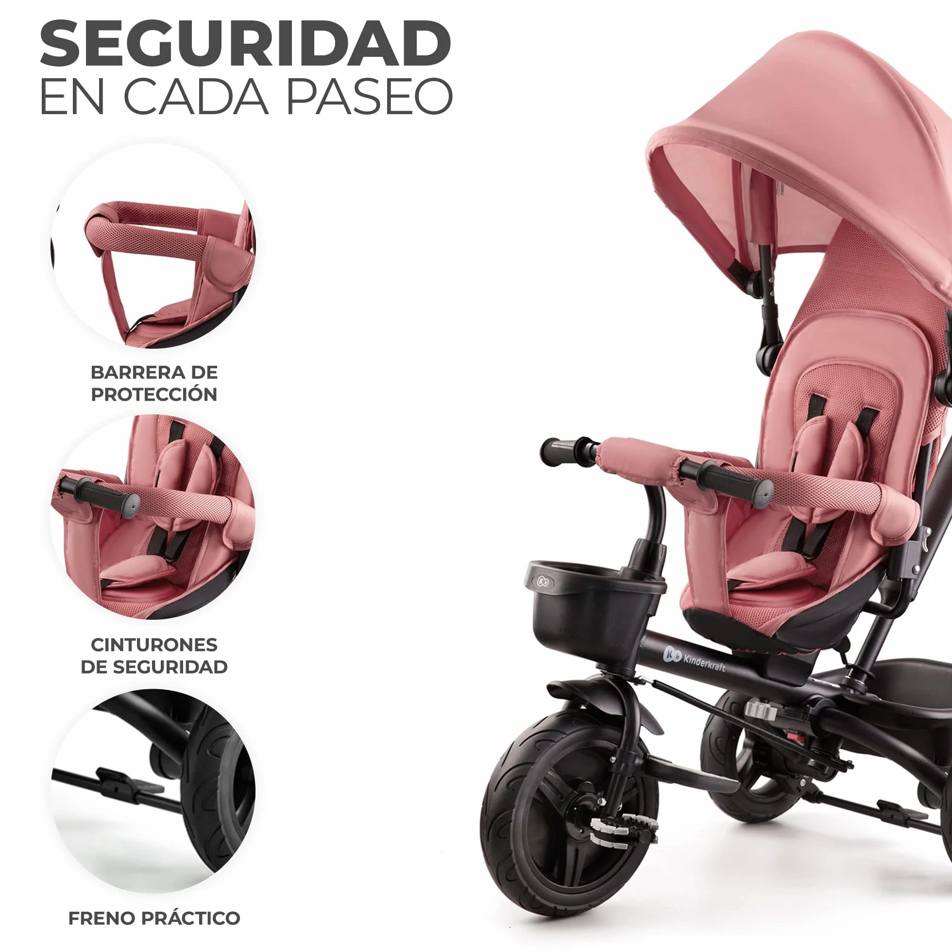 Kinderkraft Aveo Bebé, Plegable, Trike, Bicicleta para Niños, Triciclo Evolutivo, Sin Pedales, Bicicleta Bebe, con Accesorios Práctico, Dos Cestas, 9 Meses a 25 kg, Rosa