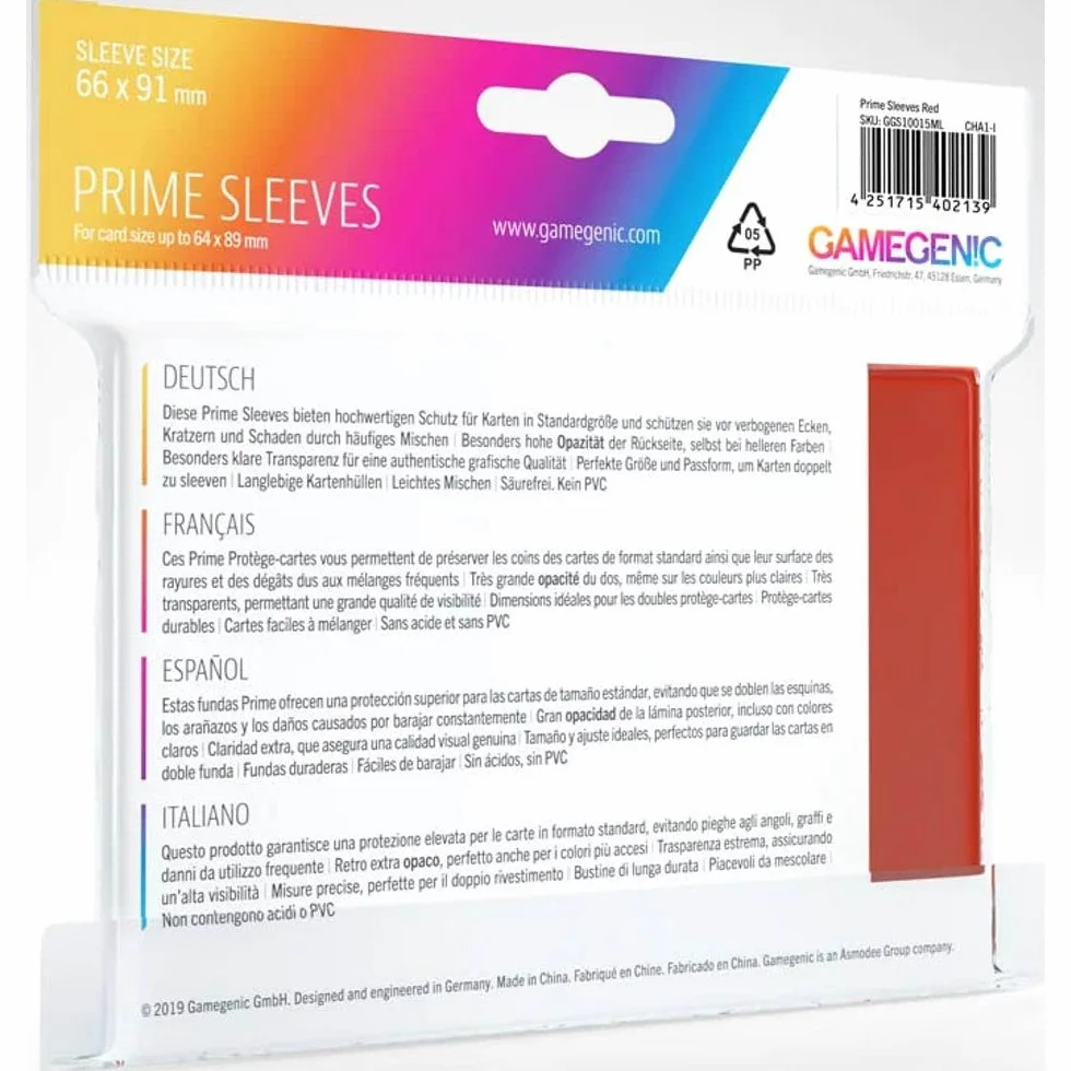Gamegenic, GGS11015ML Prime SleevesCard Deck Holde, Red, 100 Pack