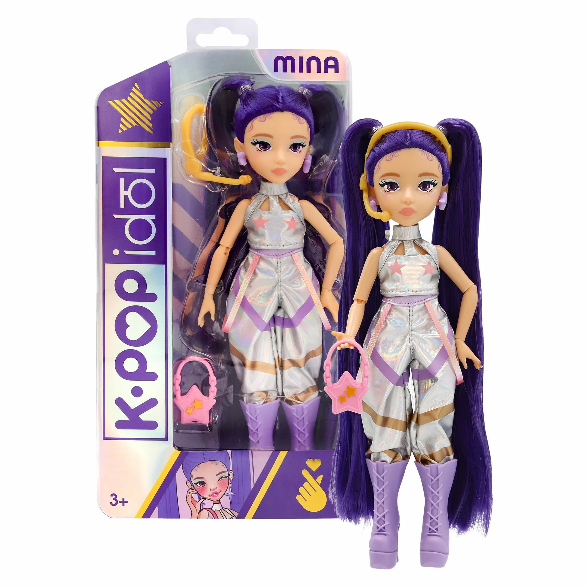 K-POP IDOL Muñeca Mina Fashion Doll Estilo K-Pop Starlight, Cabello Morado con Coletas, 3 Accesorios