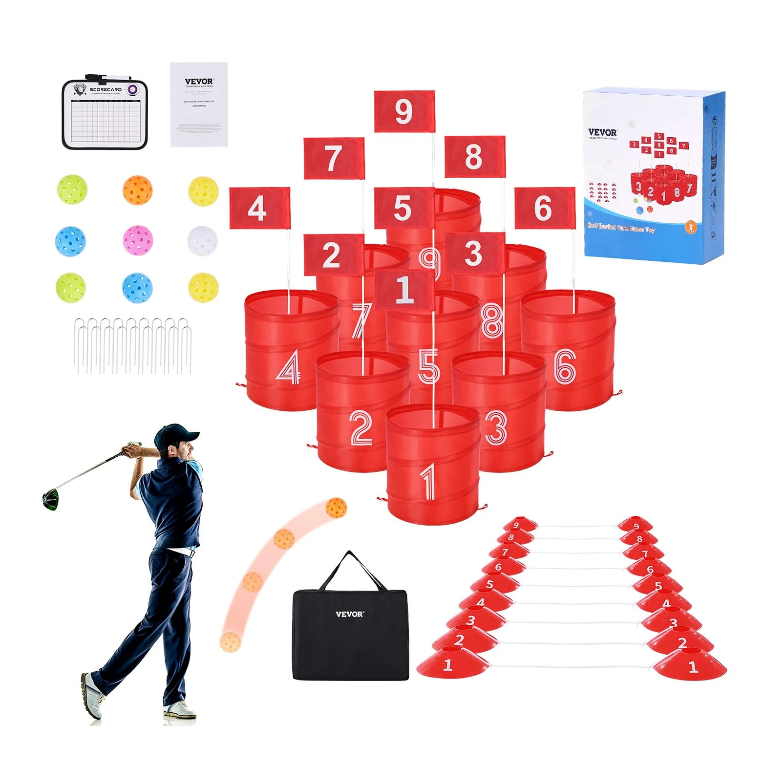 VEVOR Juego de Golf para Patio Campo de Golf de 9 Hoyos Juego de Práctica de Golf con Baldes Juego de Golf para Familias Juego de Golf Portátil para Exteriores para Césped, Patio, Campamento