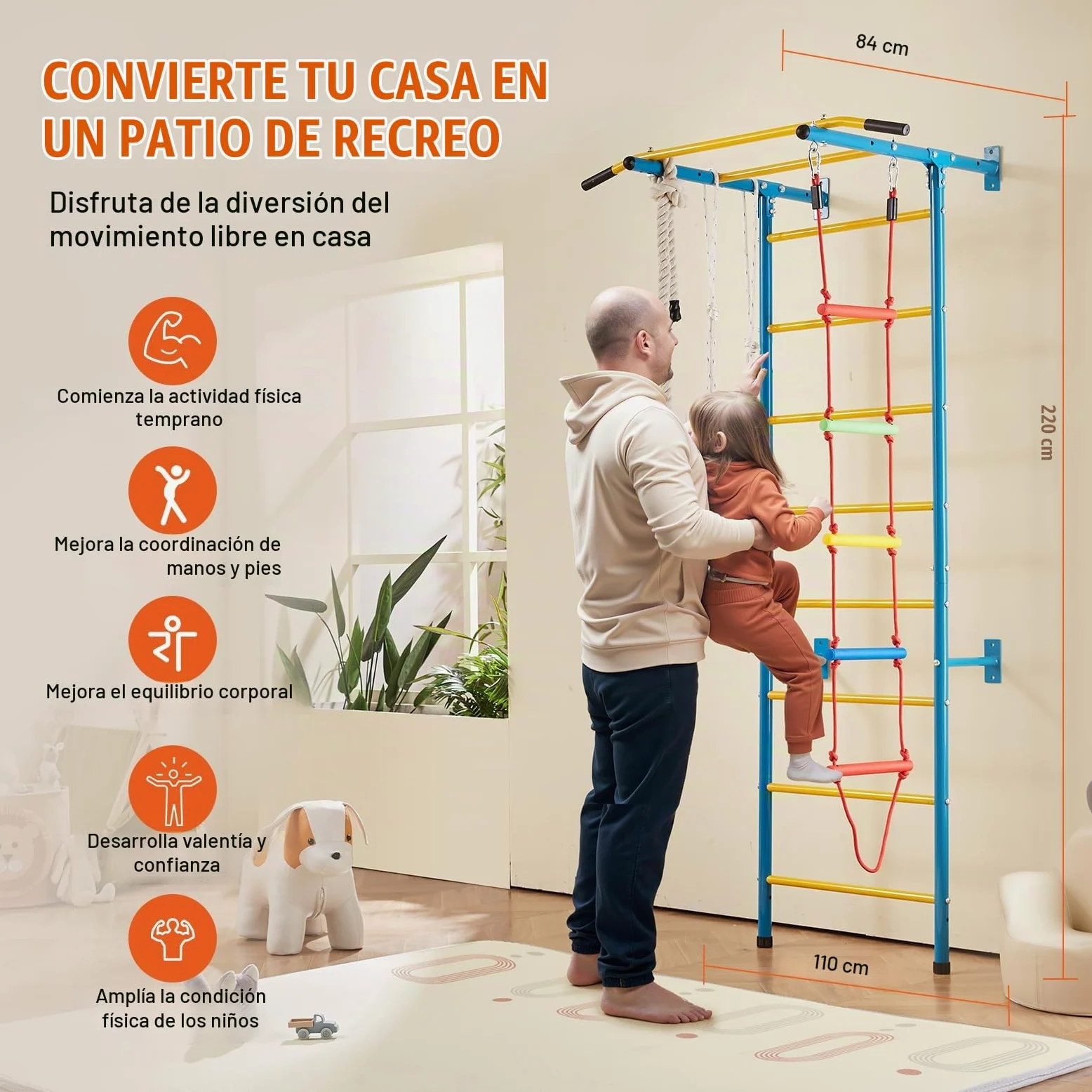 VEVOR 5 en 1 Juego de Escalada para Niños con Escalera Sueca de Acero al Carbono, Escalera de Pared, Barra de Dominadas, Escalera de Cuerda y Anillos de Gimnasia, Carga de 99,8 kg, Multicolor