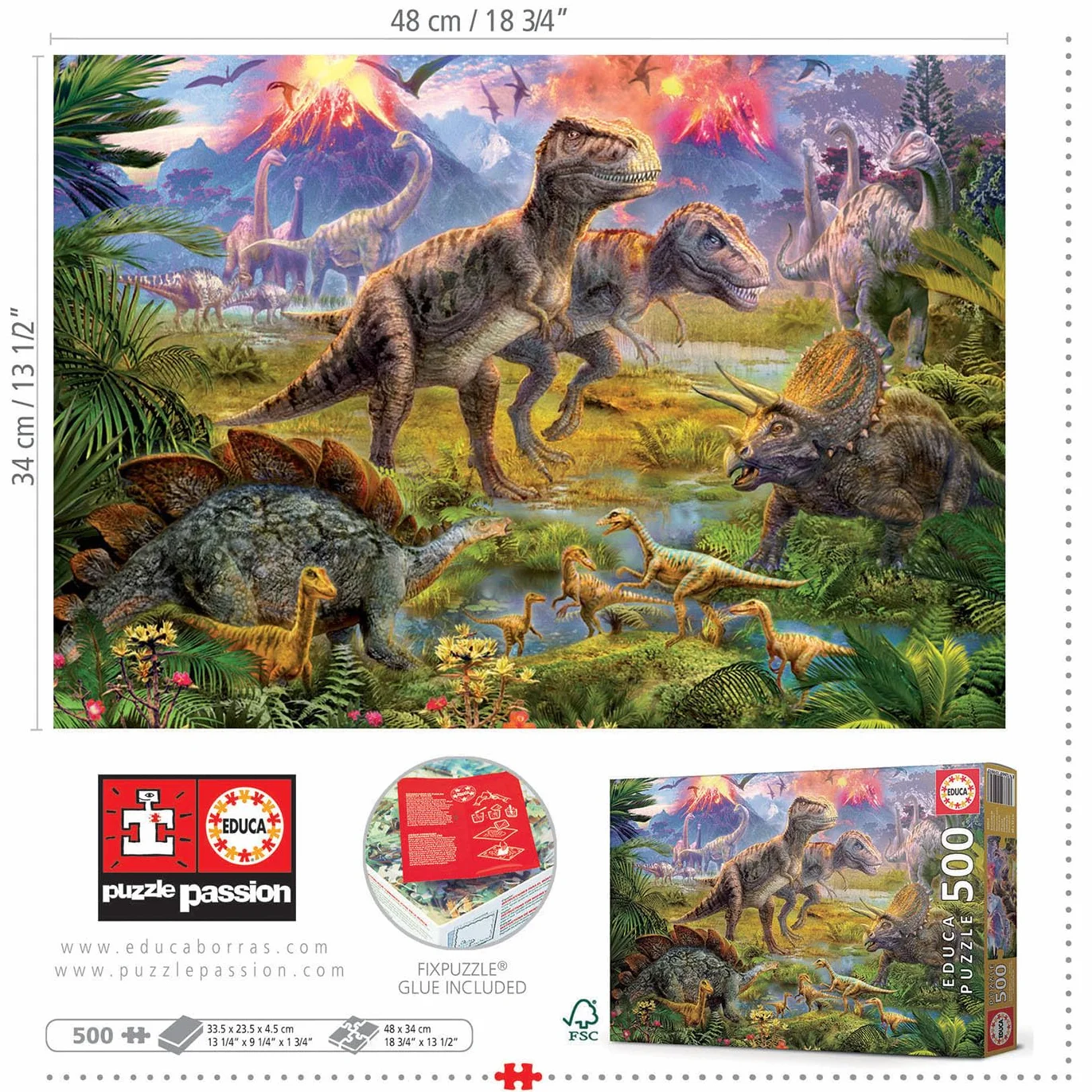 Educa - Puzzle de 500 Piezas para Adultos | Encuentro de Dinosaurios. Incluye Pegamento Fix Puzzle. A Partir de 11 años (15969)