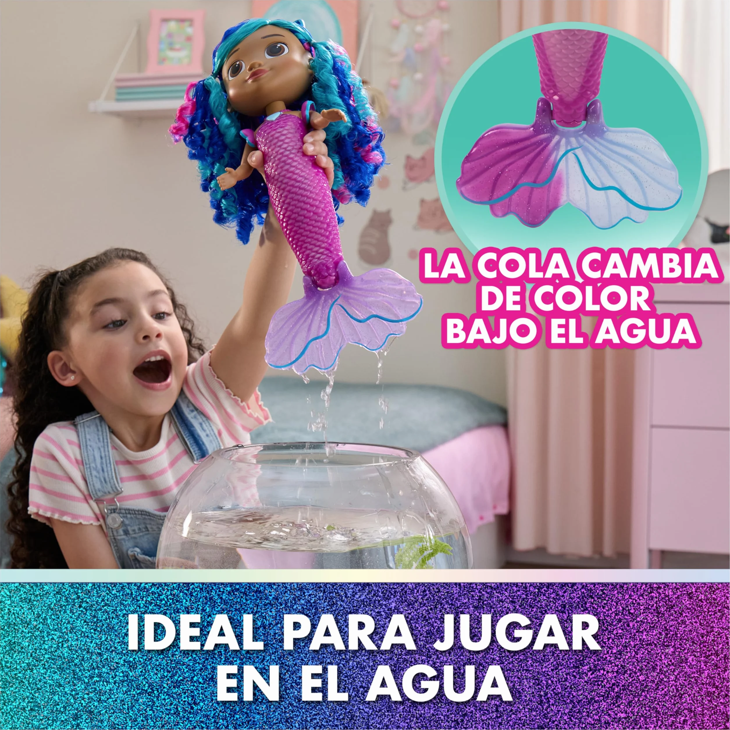 La Casa de Muñecas de Gabby - Muñeca Interactiva Gabby Sirena Canta y Brilla de la Película, con Luces y 14 Sonidos, Resistente al Agua y con Cola Que Cambia de Color - Regalo Niña 3 años +