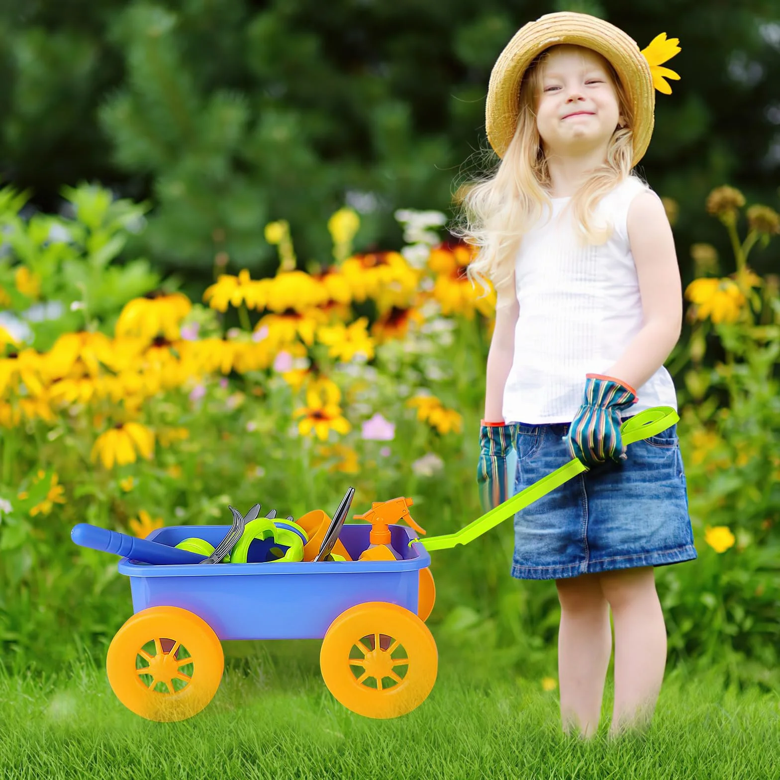 deAO Carretilla y Herramientas de Jardín para Niños y Niñas - Juego de Juego con Herramientas de jardinería, Incluye 10 Accesorios y 4 Macetas para Plantas (Azul)