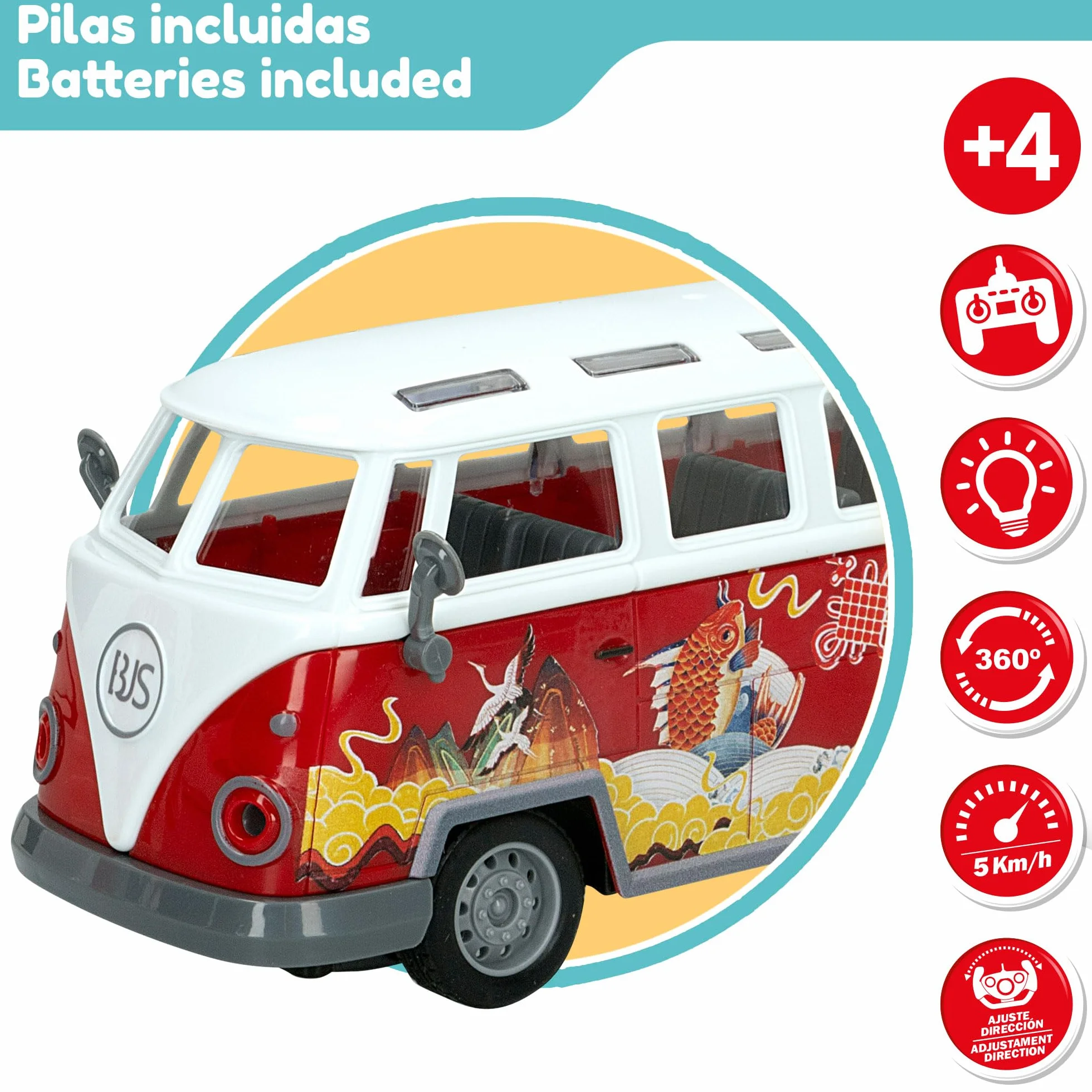 ColorBaby Speed & Go - Autobús teledirigido con Luces de Colores, Bus radiocontrol, Retro, Escala 1:30, Mando 27 MH.z, 5 km/h, 4 Funciones, Coches teledirigidos para niños, 4 años, 47530