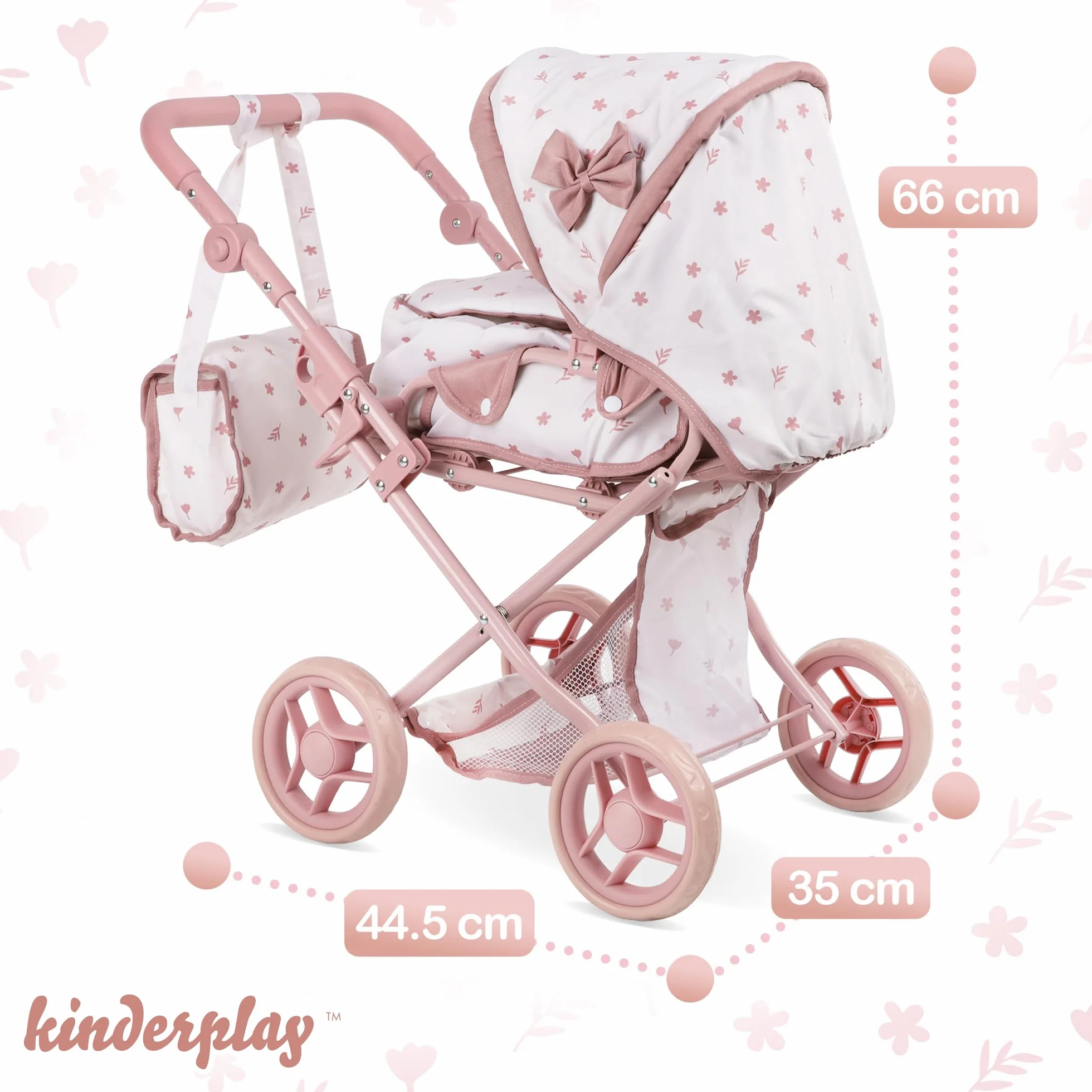 Kinderplay Cochecito de muñecas 3 en 1 Rosa con Bolsa de Transporte – Cochecito de muñeca Ajustable de 36,5 – 64 cm, Plegable, Ruedas de Espuma silenciosas, para muñecas de hasta 40 cm, a Partir de 3