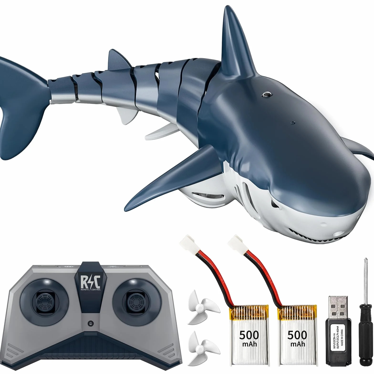 TEMI Telecontrol de tiburón juguete de alta simulación, luz y agua spray para lago, baño, piscina, regalo de cumpleaños, barco RC, 6 años