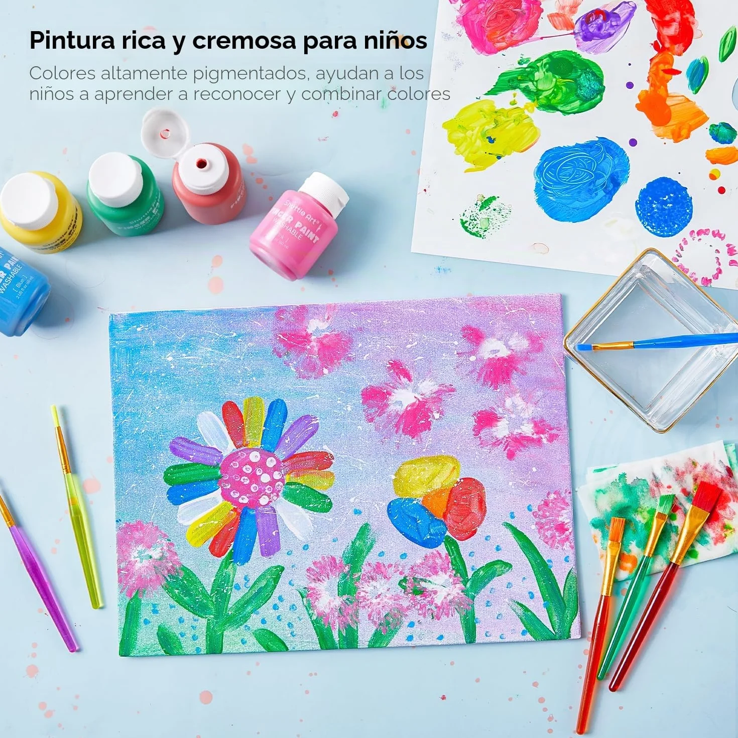 Shuttle Art Pintura de Dedos para Niños, 53 Piezas Kit Pintura Niños, 14 Colores Pintura Dedos Bebe No Toxica, Juego Completo de Herramientas, Pincel, Tampón de Pintura, Esponja, Paleta, Bata