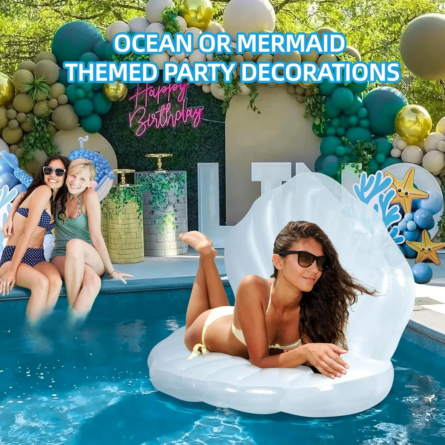 Colchón hinchable de concha con bola de perlas, flotador de piscina gigante y silla de salón, cama de natación premium para adultos, juguete acuático para fiestas en la playa y piscina