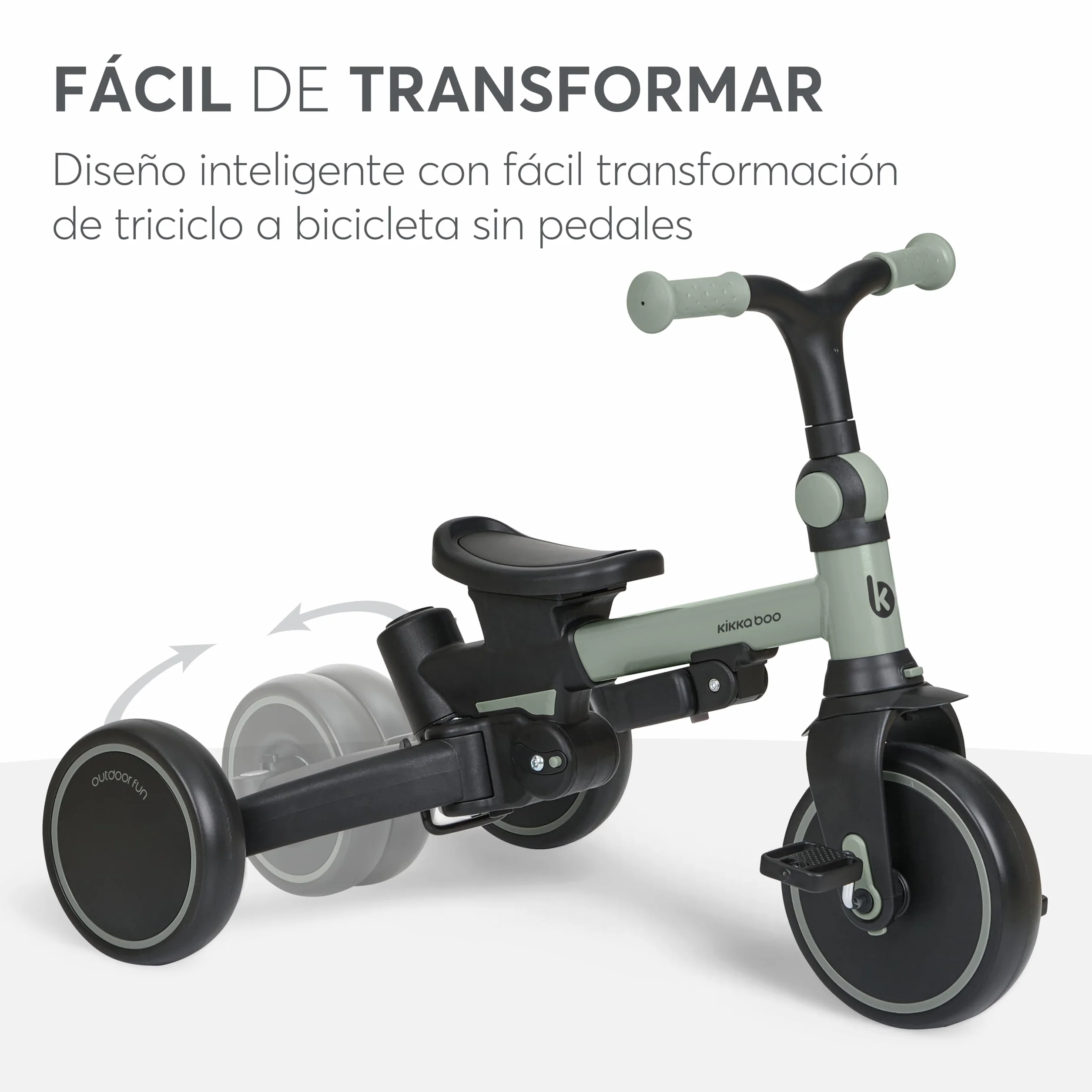 KikkaBoo Triciclo Evolutivo ALUMA 8 en 1, Triciclo Bebé Plegable con Manillar Padres, Asiento Reversible, Capota Ajustable, Arnés 5 Puntos, Marco Aluminio, Verde