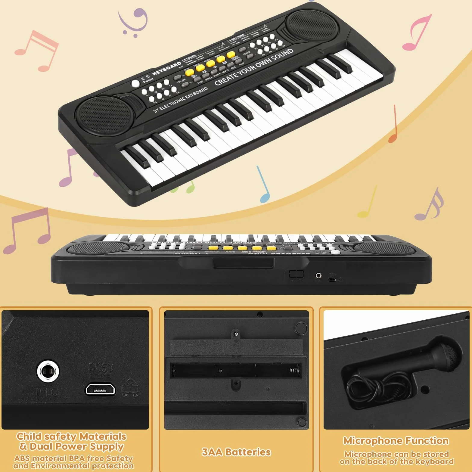 Teclado Electrónico Piano 37 Teclas,Teclado de Piano Portátil para niños con Fuente de Alimentación, Música Digital ,Educativa Regalo para Niños/Principiante Negro