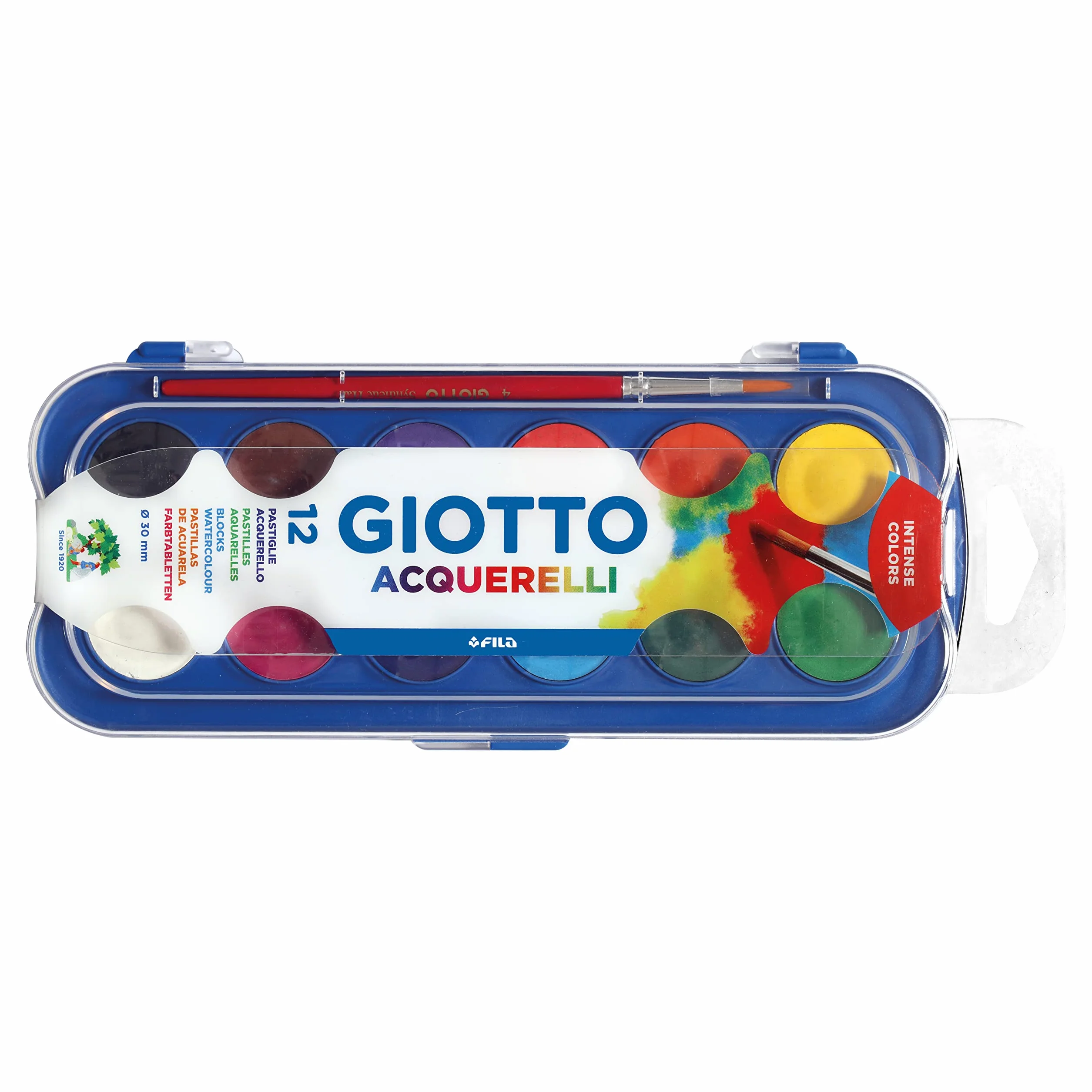 GIOTTO Aquarelli, Acuarelas, con 1 pincel incluido, diámetro pastilla 30mm, Colores Surtidos, 12 uds.