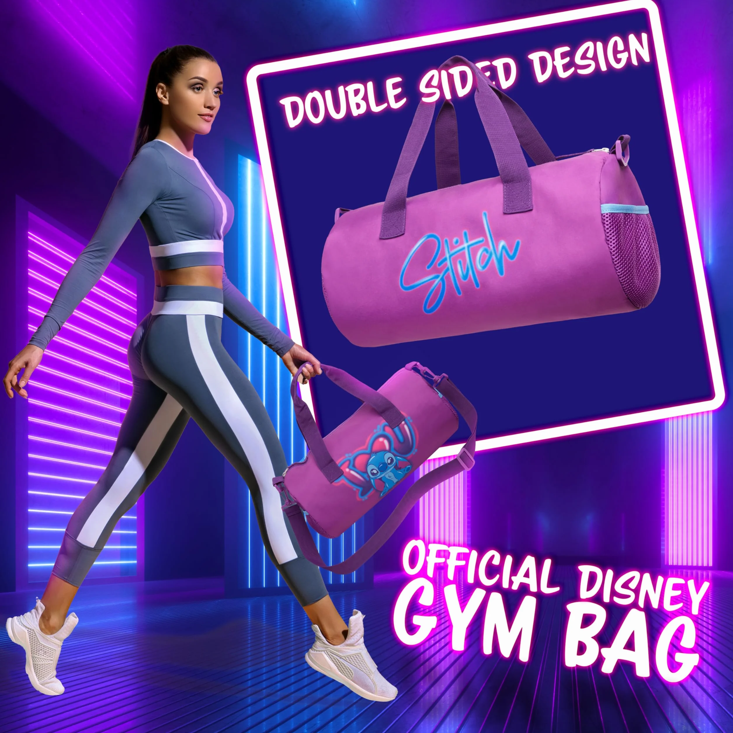 Disney Stitch Bolsa Deporte Niño Niña 39.5×19.5cm Correa Ajustable Viaje Colegio Regalo Púrpura